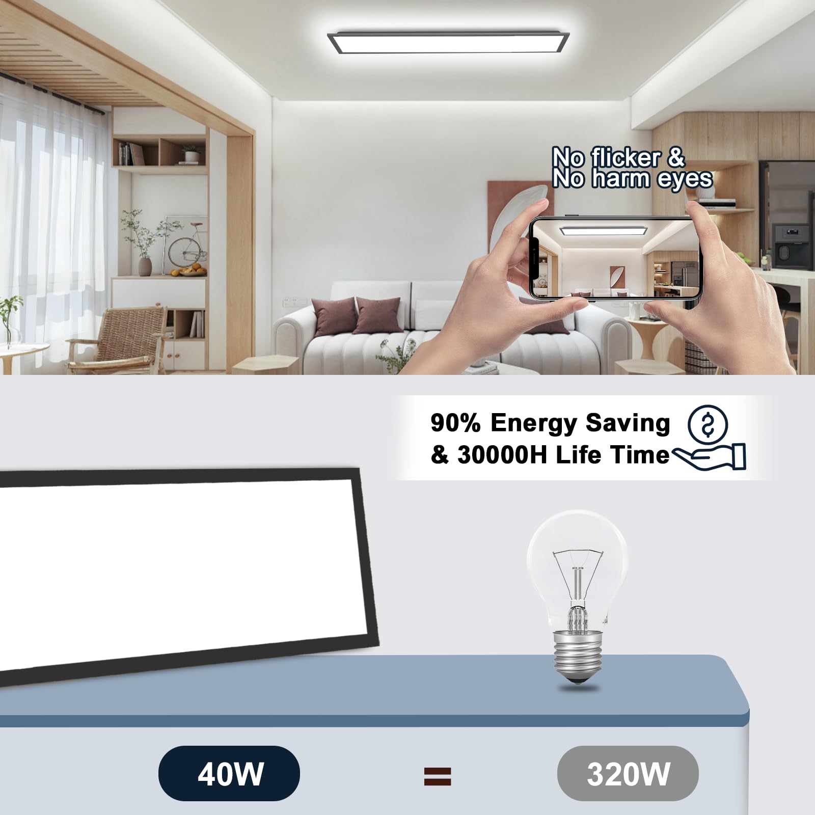 Oraymin Plafonnier LED 120x30 cm 40W 4800 lm RVB avec télécommande 3000K-6500K