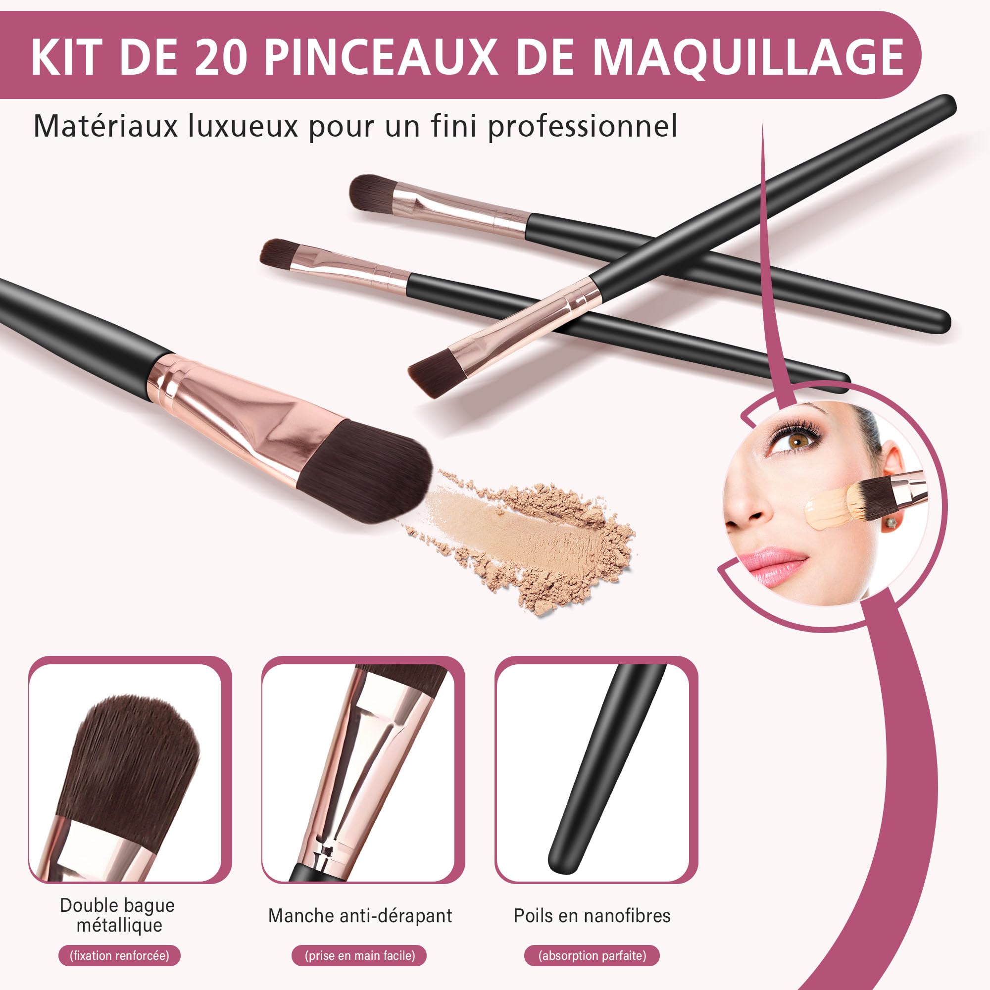 20 Pièces Pinceaux Maquillages, Pinceau de Maquillage Professionnels pour Fond de Teint, teint et fard à paupières, Kit Pinceaux Maquillage, Idéal pour Débutants et Professionnels