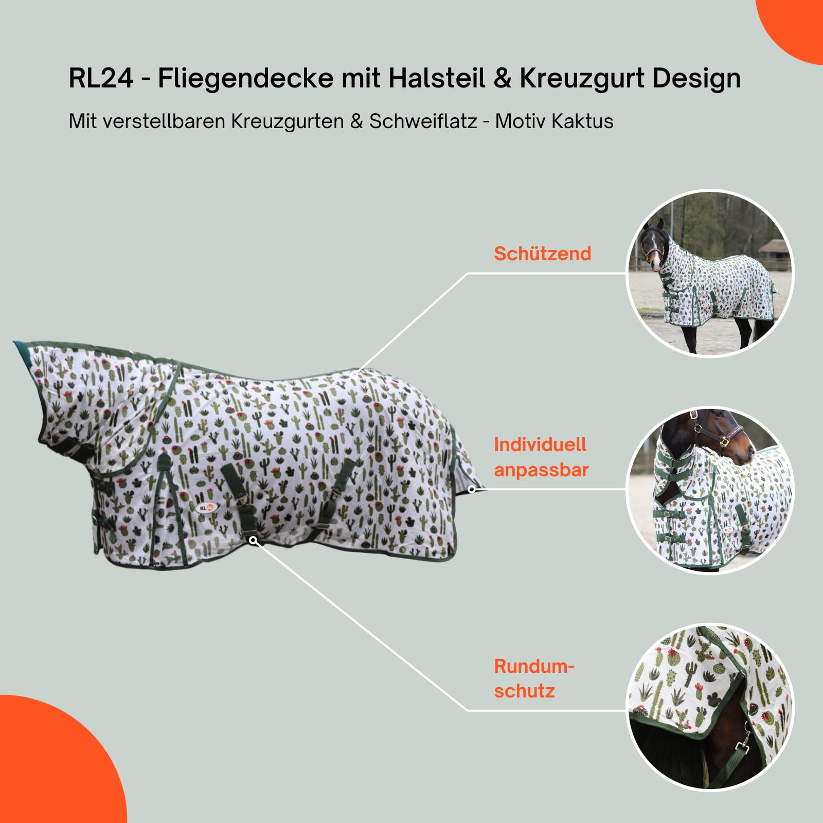 RL24 Fliegendecke mit Halsteil Kreuzgurt Design Kaktus Ekzemerdecke verstellbaren Kreuzgurten Schweiflatz Schutz vor Insekten Outdoor-Pferdedecke 125 cm