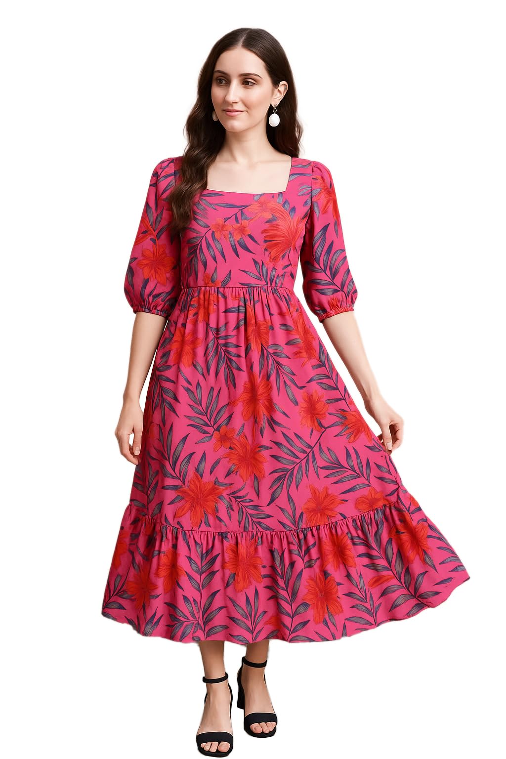 shasmi Women Women’s Floral Printed Midi Dress – Puff Sleeve, Square Neck, A-Line Fit & Flare Casual Outfit-picture-54