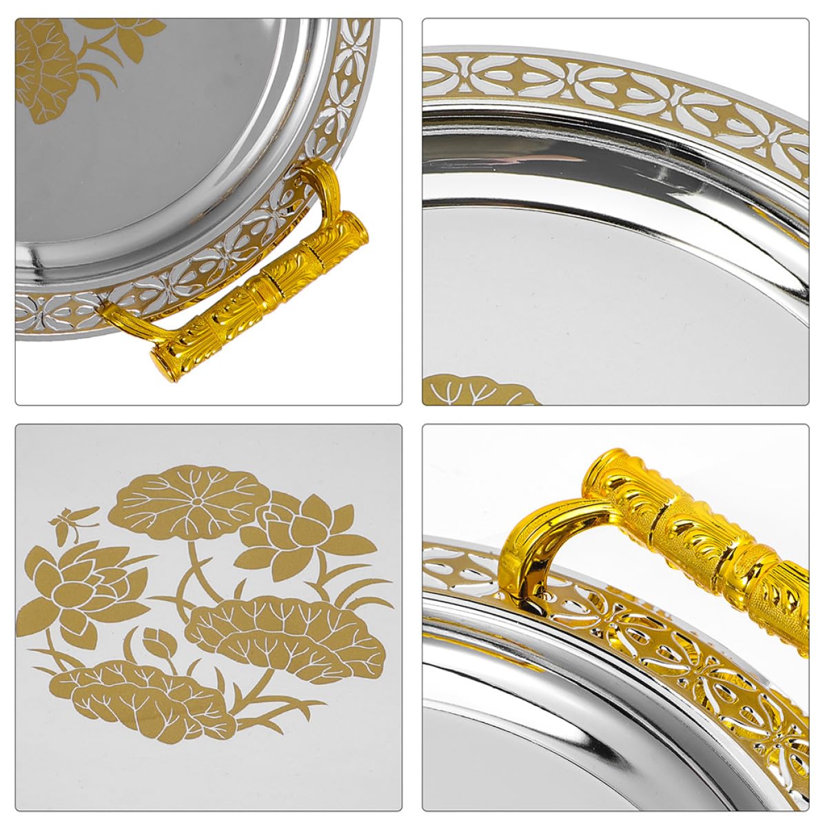 Healeved Rundes Serviertablett mit Goldenem Blumenmuster Multifunktionaler Obst und Snackteller aus Edelstahl und Kunststoff 335cm für Haushalt und Tischdekoration