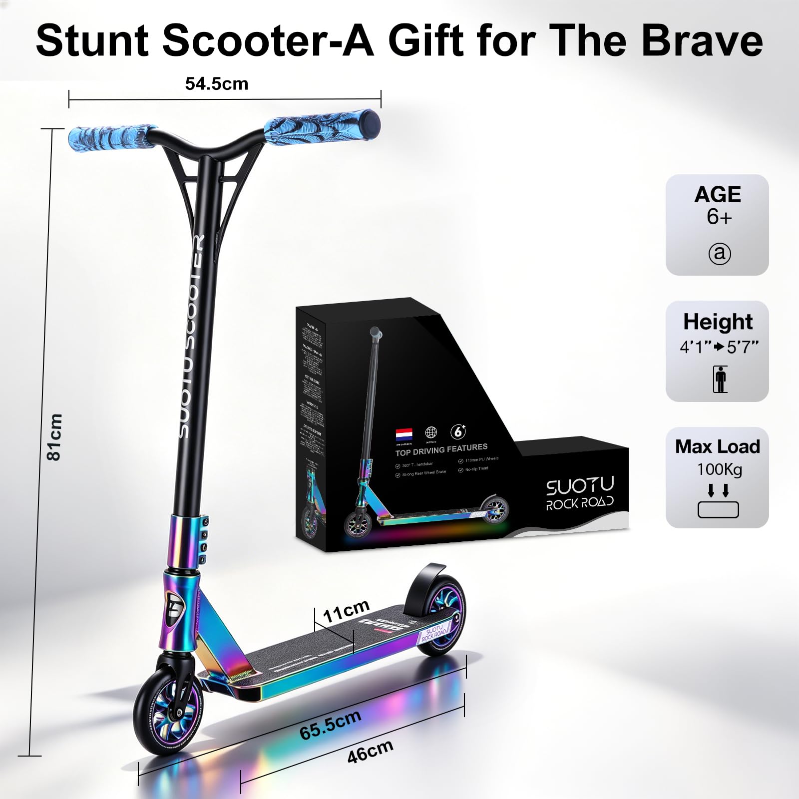 Patinete Freestyle, Dirección de 360°, Ruedas de PU de 85A 110 mm, Scooter Freestyle para Niños Adolescente y Adultos, Capacidad Máxima de Carga: 100 kg, Aluminio (Negro – Arcoíris)