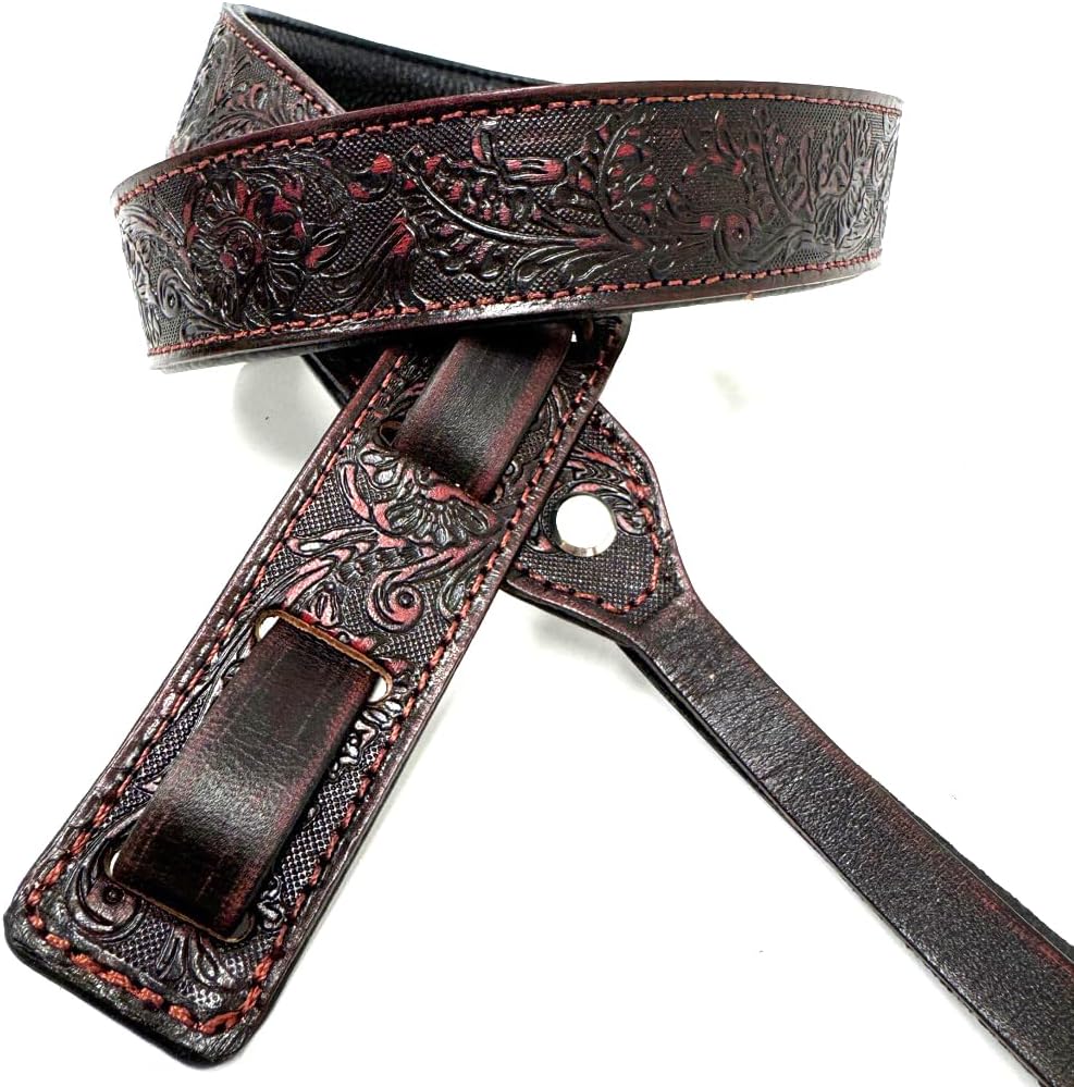 Walker And Williams M-21-RD Mahogany Red Leather Premium Padded Mandolin Strap With Sheridan Design, For Mandola, Bouzouki or Ukulele. For F And A Type Mandolins