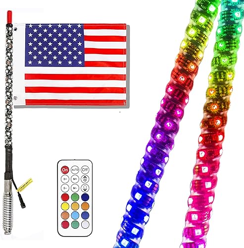 1 unidad de luz LED RGB de color de ensueño de 2 pies con control remoto de bandera, 360 de persecuciónflujo trenzado, antena para todoterreno,