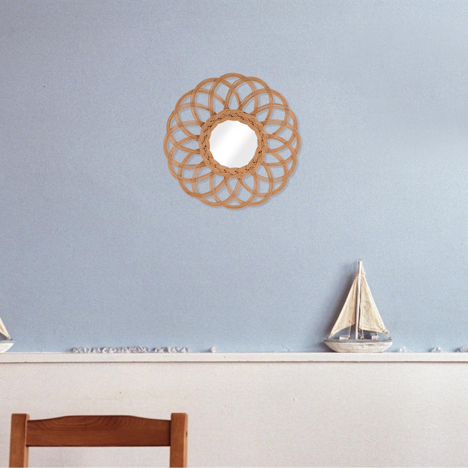 Wandspiegel Handgefertigt mit Glas aus Korbweide Runder Rustikaler Flechtspiegel Praktische Wanddeko im Minimalistischen Stil und Dekorativ für Schlafzimmer