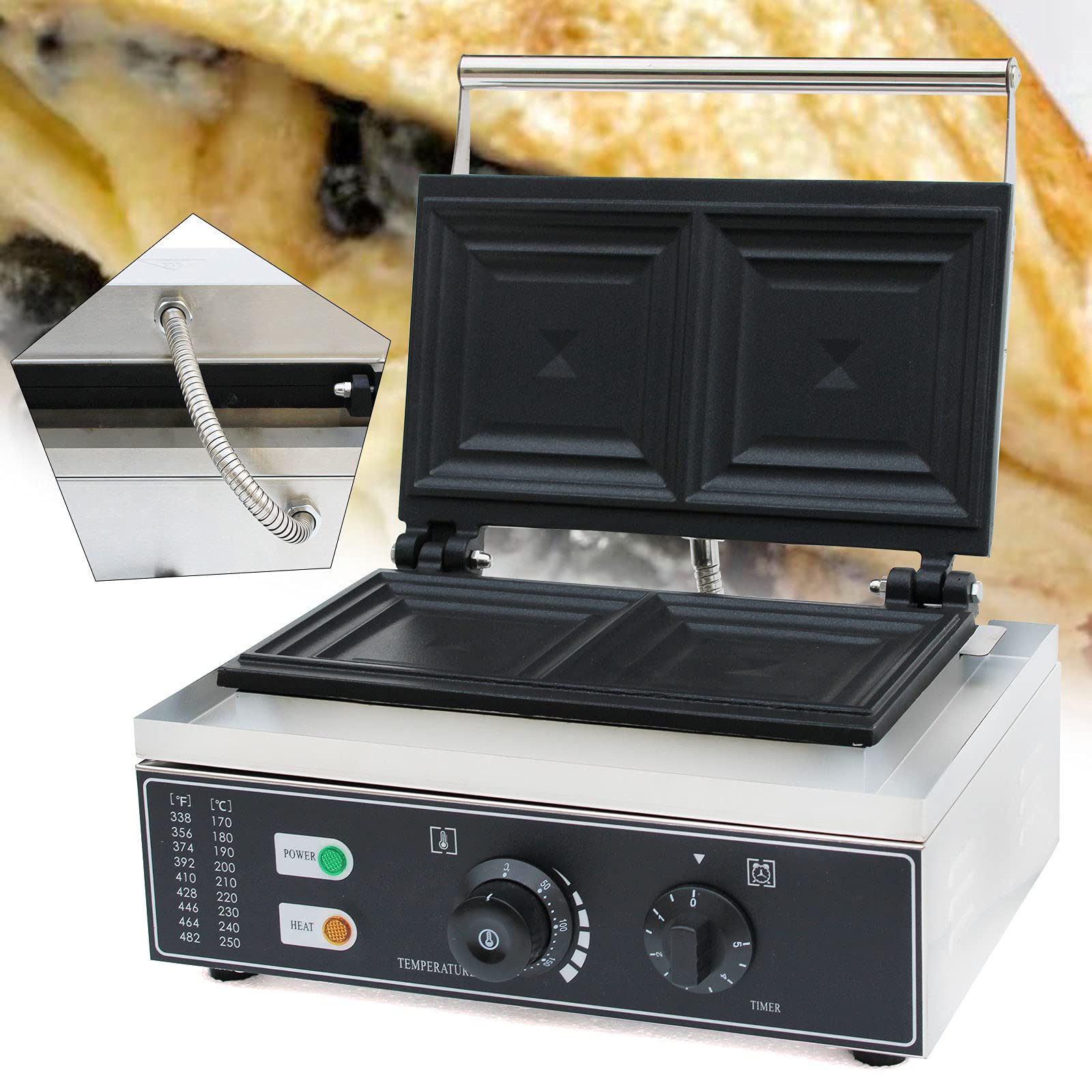 Sandwichmaker Sandwichtoaster Antihaftbeschichtete Platten Kontaktgrill Panini Maker mit Cool Touch-Griff 50-300℃ Einstellbar Temperatur und Timer