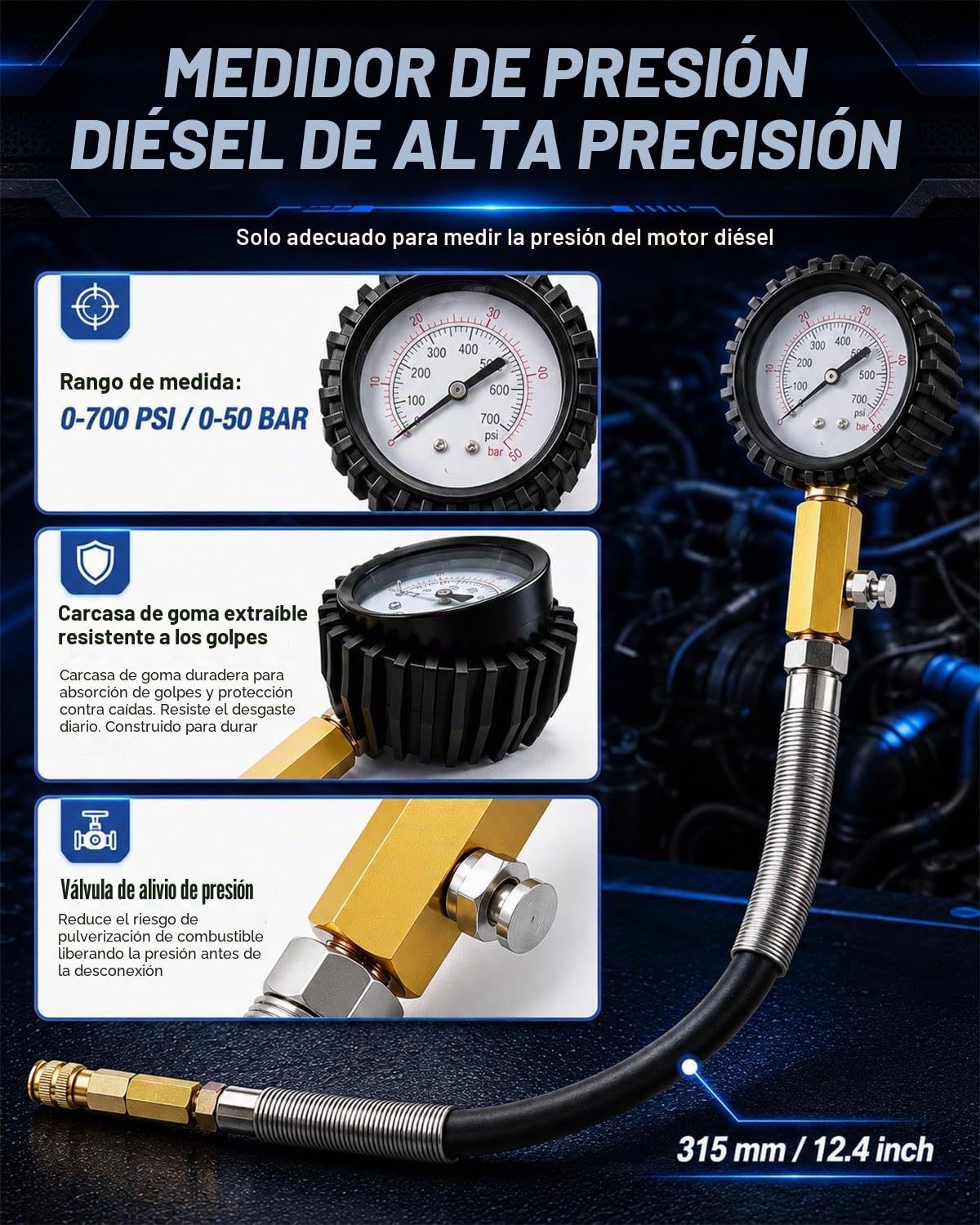 INCENDIOS 47 PCS Kit de Comprobador de Compresión y Detector de Fugas | para Motores Diésel y Gasolina, Medidor de Compresión 0-700 PSI / 0-50 Bar, Tester de Compresión para HDi, TDCi y Pumpe-Düse