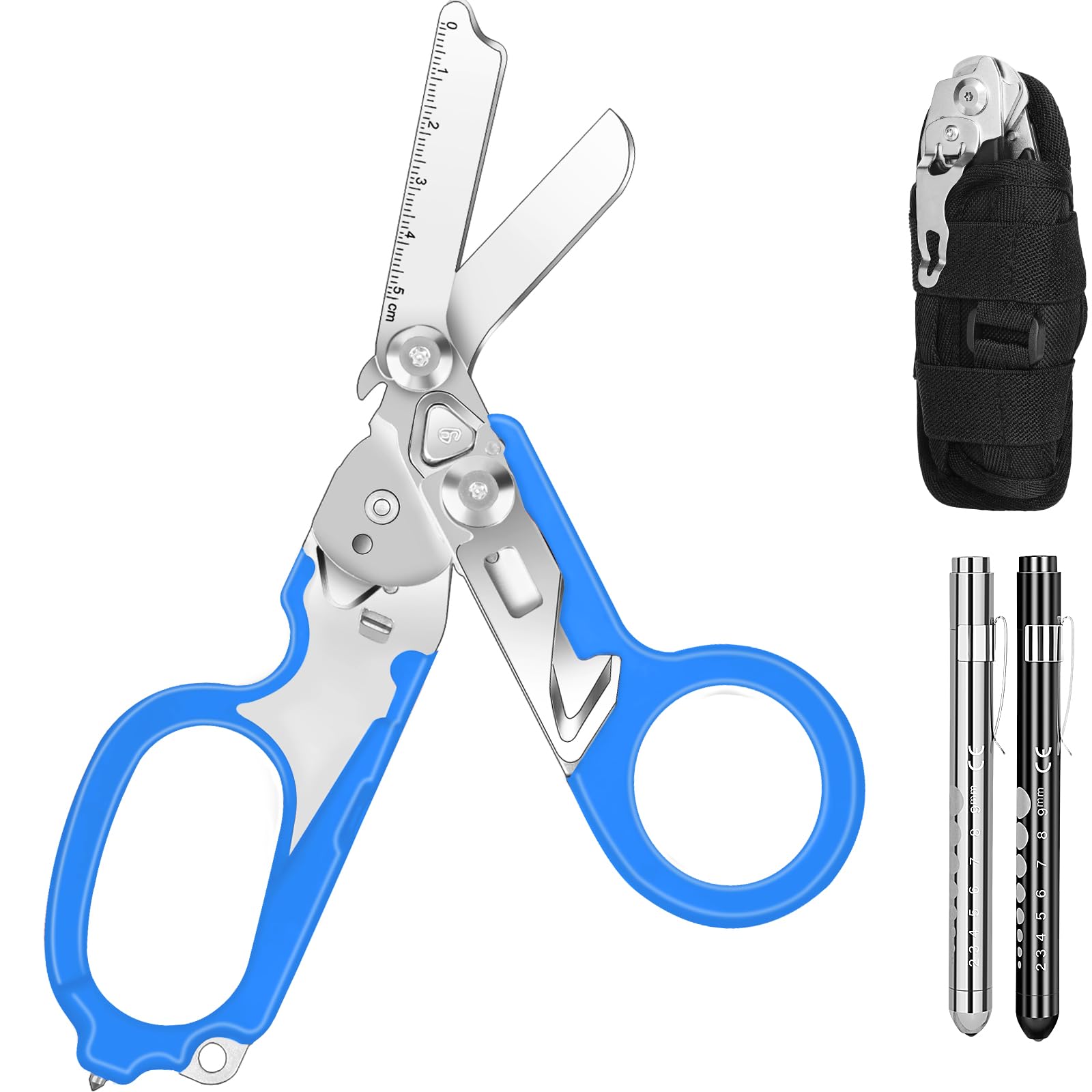 Awaiymi 6 In1 Multifunction Emergency Response Shears, Stainless Steel Foldable Trauma Shears with Strap Cutter and Glass Breaker,Medical Scissors with Holster and Penlight Blue