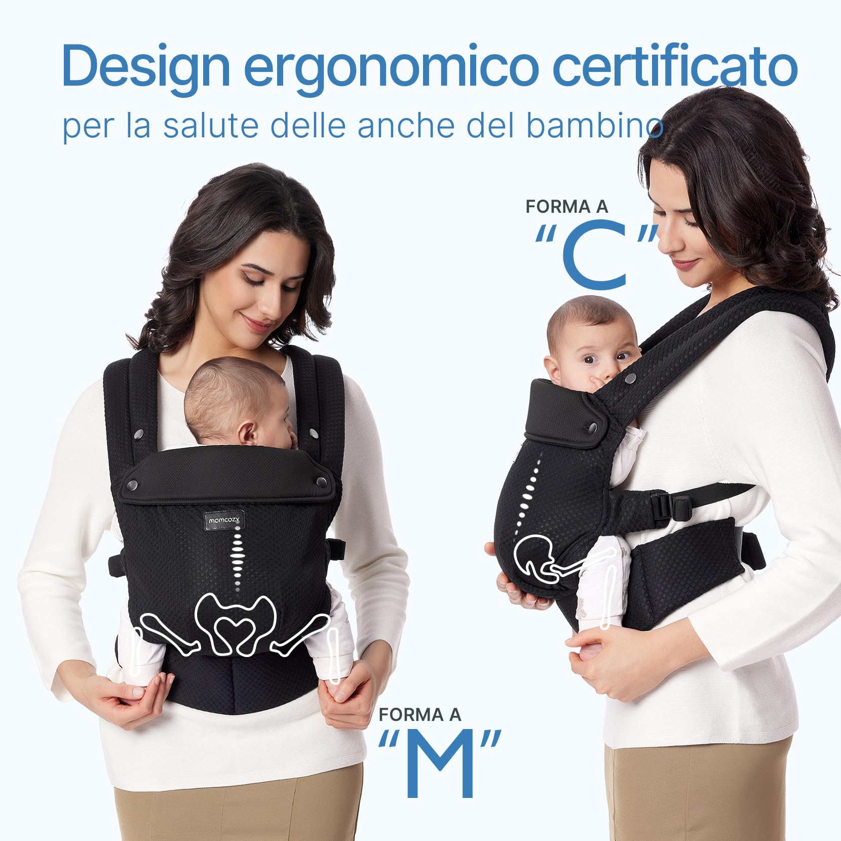 Momcozy Marsupio Ergonomico Traspirante in Rete, Supporto Lombare Rinforzato, per Bambini da 3,2–20 kg(3-24 mesi), Comfort Tutto il Giorno, Airmesh-Nero