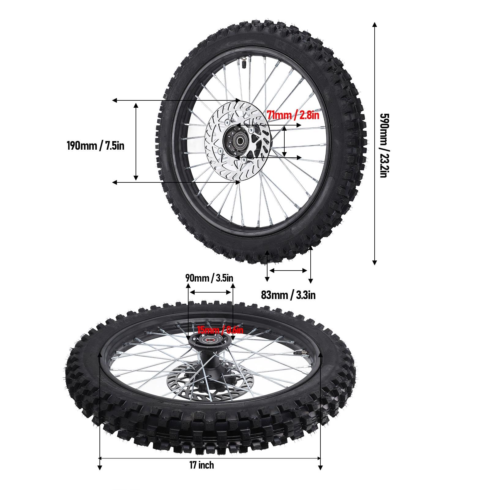 17 Zoll Dirt Bike Frontrad Reifenbaugruppe 70/100-17 2,75-17 15 Mm Achsen 190-mm-Bremsrotor