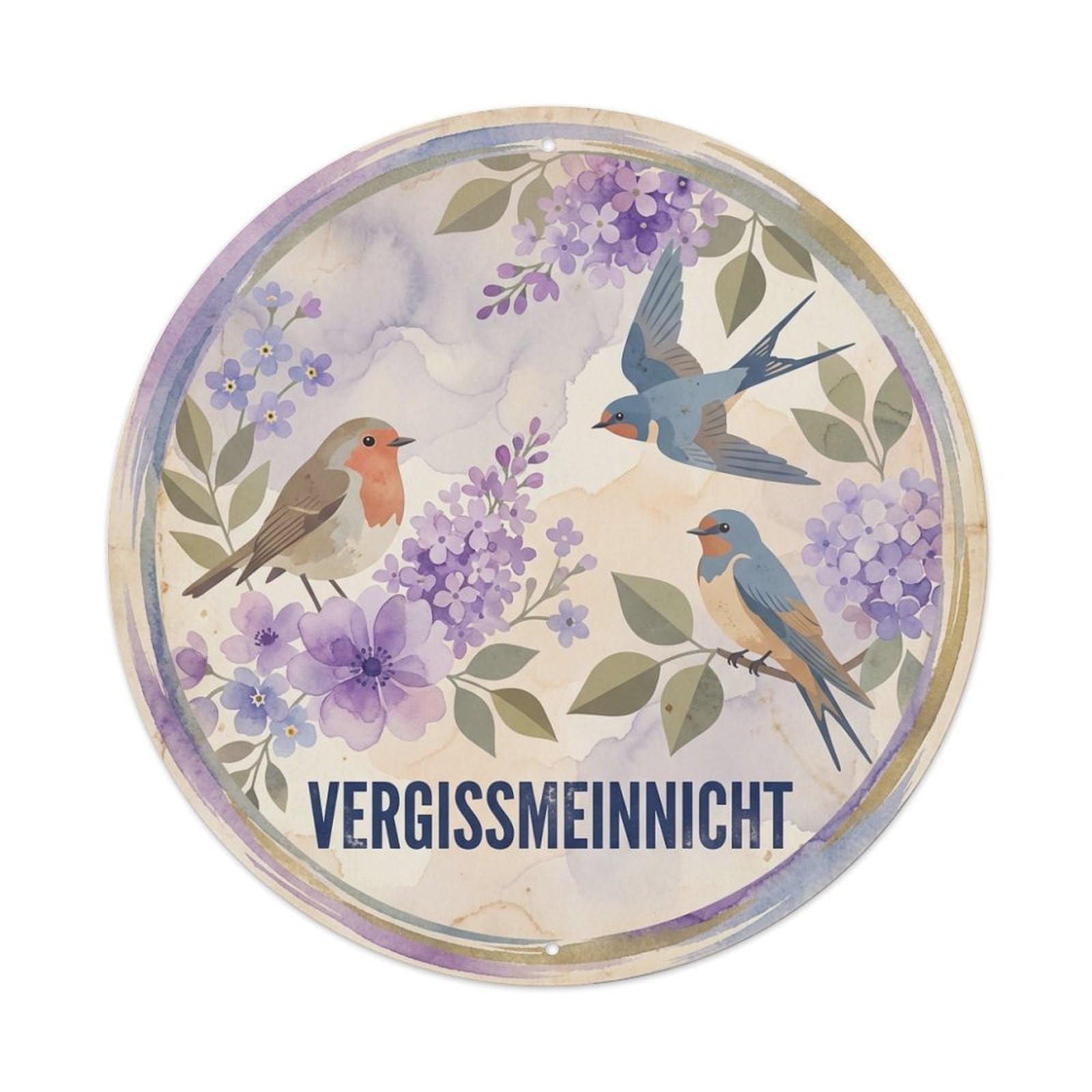 Vergissmeinnicht Watercolor Bird Slogan Violet Metal Tin Sign