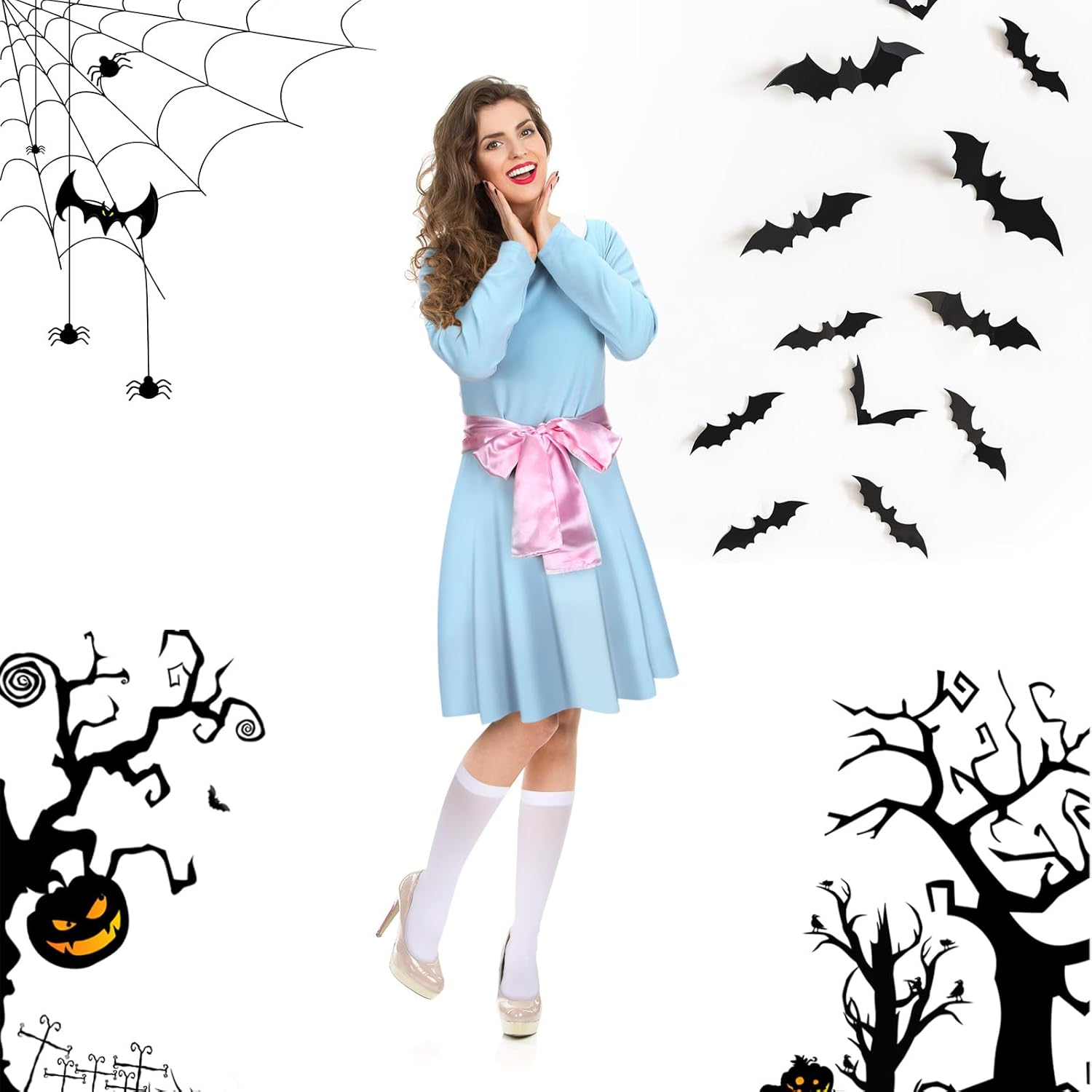 Leumoi 6 Pcs Halloween Adult Twin Costumes Blue Twin Dress Tube Socks with Pink Silky Ribbon for Women Cosplay Party