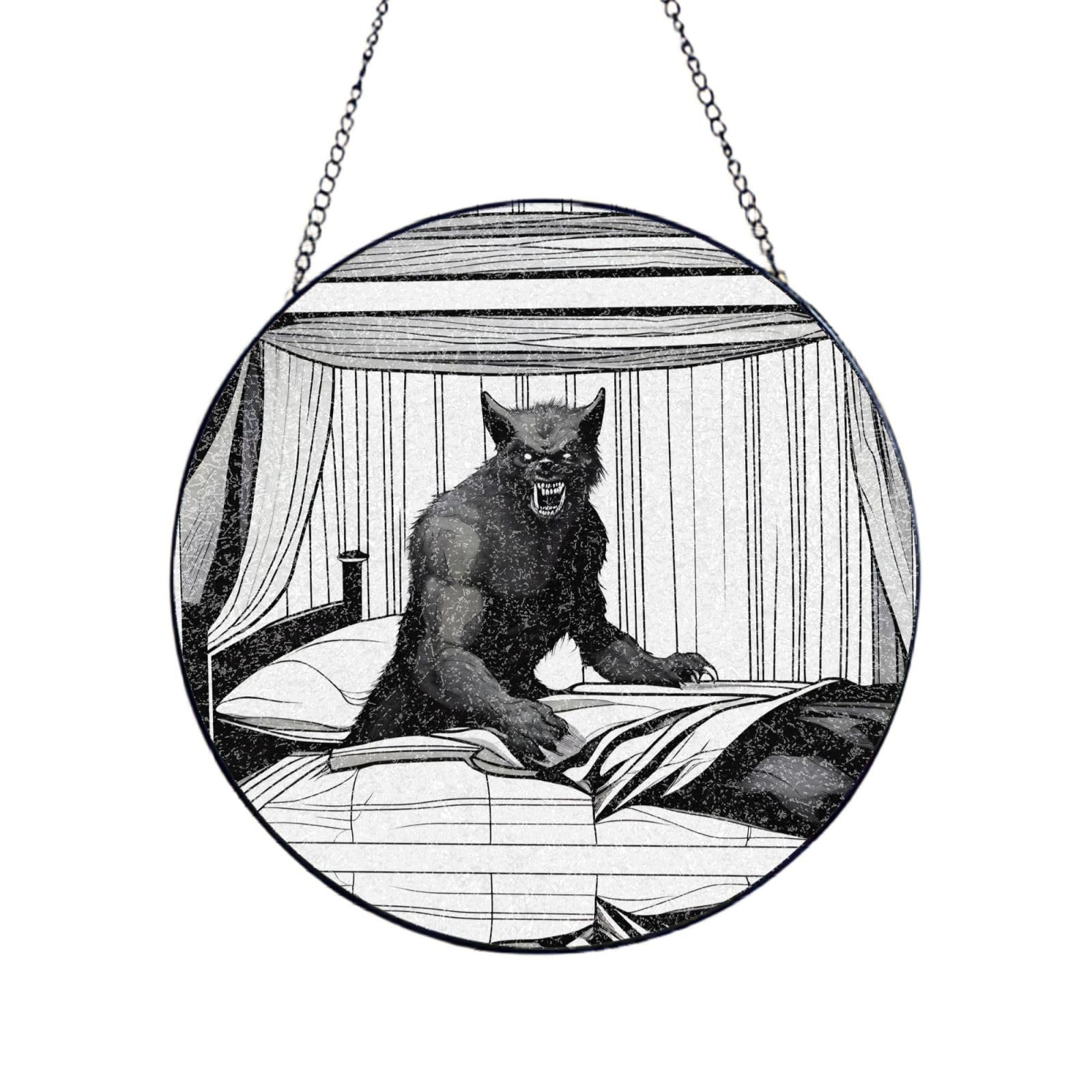 Phayah Fierce Werewolf Print Stained Glass Window Hanging Sun Catchers Decoration Mother'S Day Birthday Gifts For Home Garden Porch 10in（25cm）
