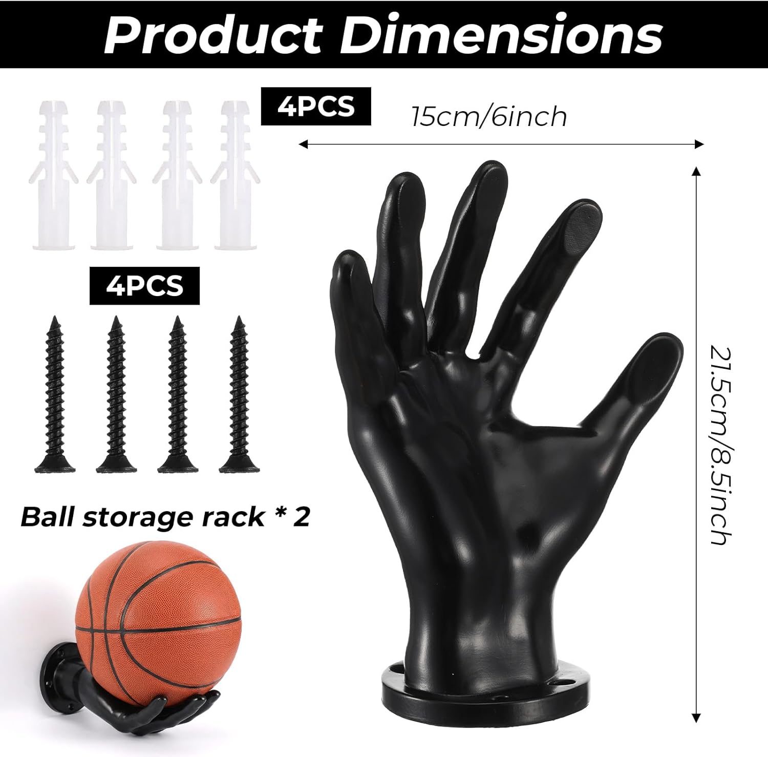Basketball Holder Wall Mount, 2-Piece Set Hand Sculpture Ball Holder, Premium Rubberized Coating Display for Basketball, Football, Soccer, Volleyball Storage & Sports Room Decor (Black)