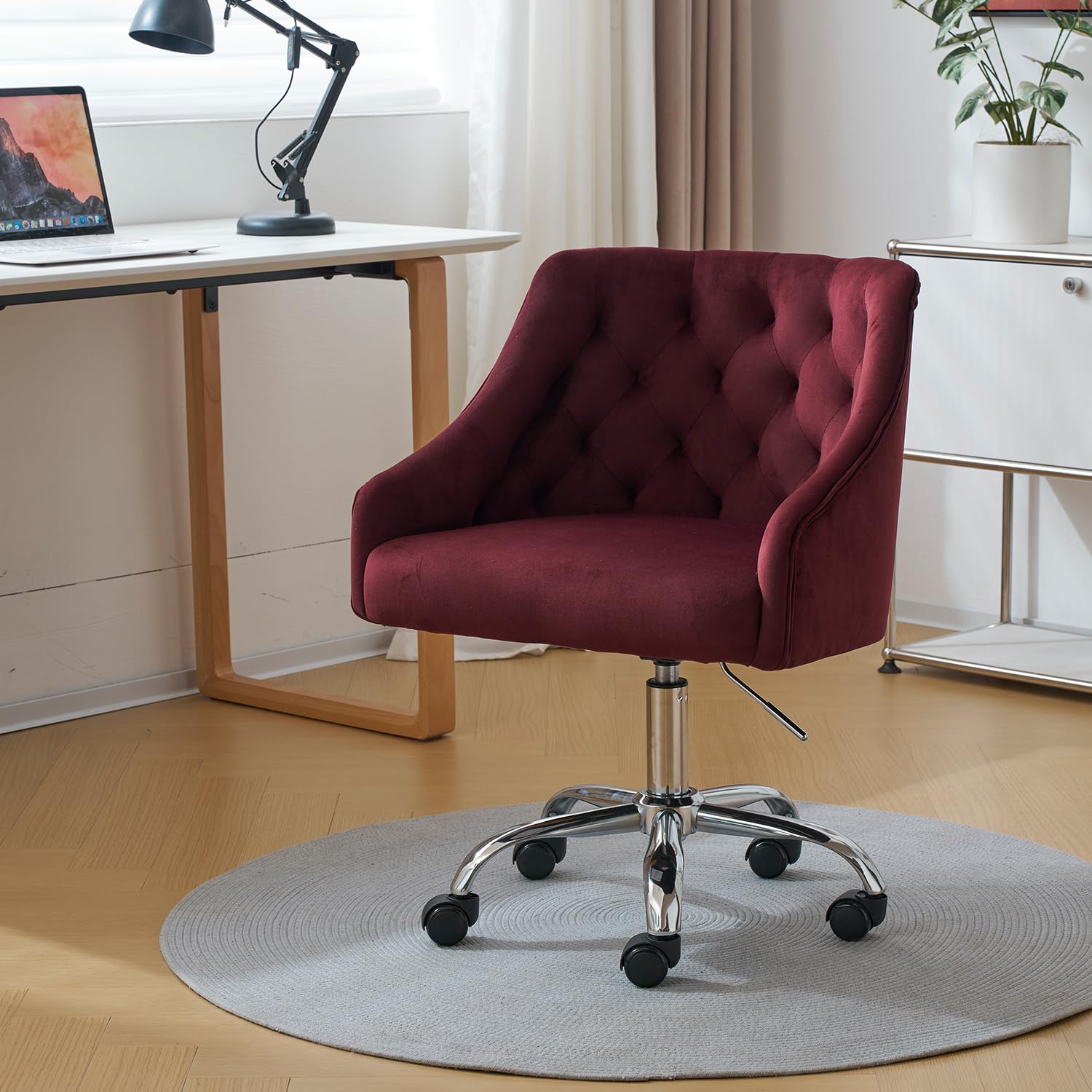 Velvet Office Swivel Chair, Vanity Fabric Desk Pretty Fancy Gold Office Chairs for Girls, 360°Swivel Height Adjustable Reception Chair (Burgundy)