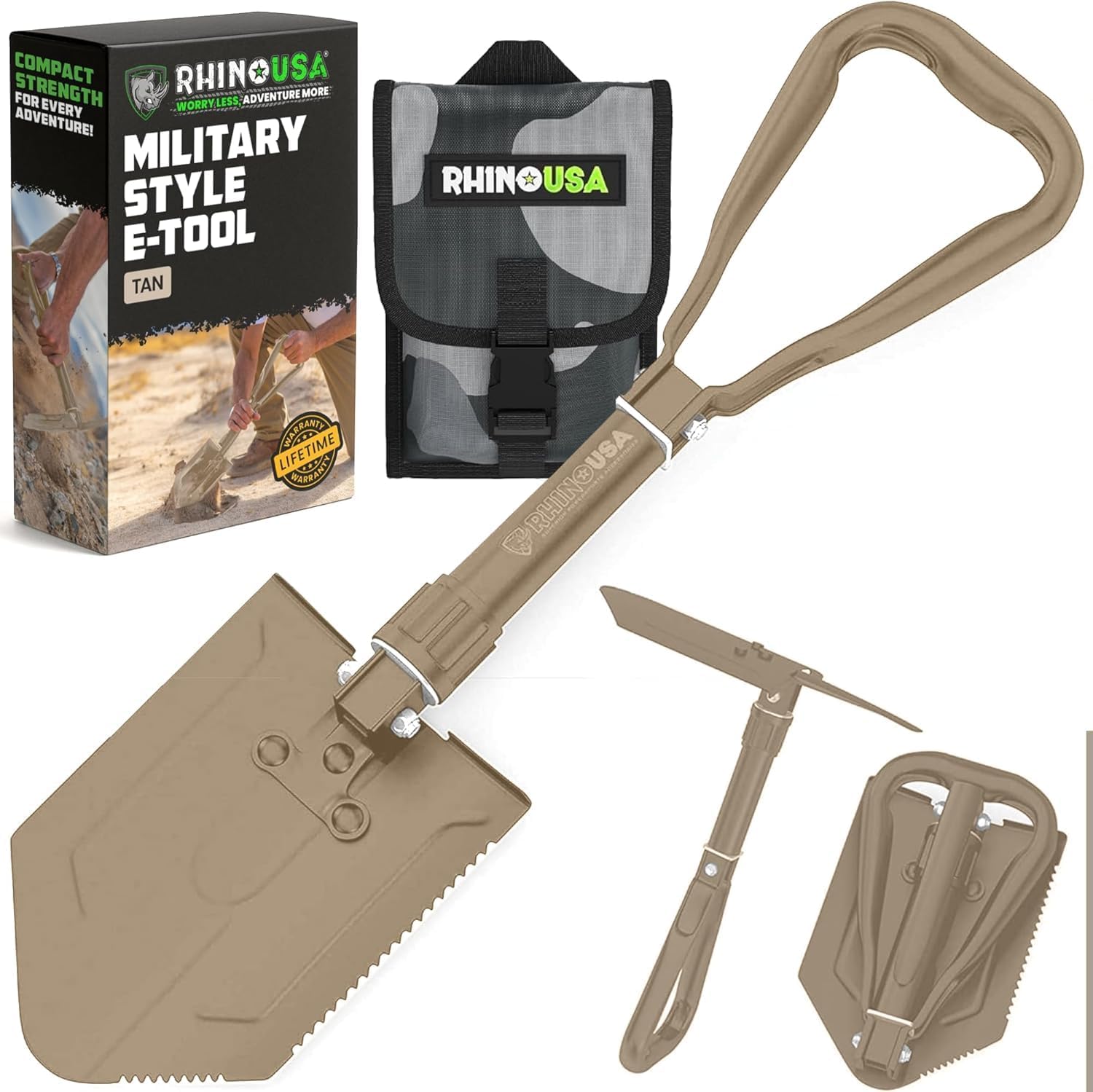 RHINO USA Folding Survival Shovel w/Pick - Heavy Duty Carbon Steel Military Style Entrenching Tool for Off Road