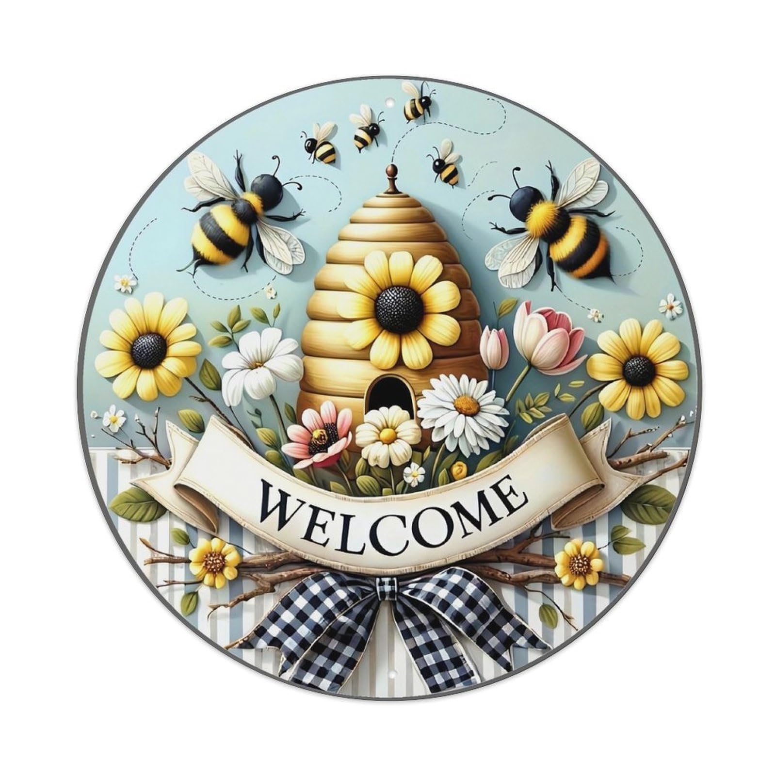 Welcome Bee Hive Floral Design Tin Sign Metal Poster Vintage Metal Signs for Home Man Cave Bar Cafe Kitchen laundry room Wall Decorations 8x8 inches