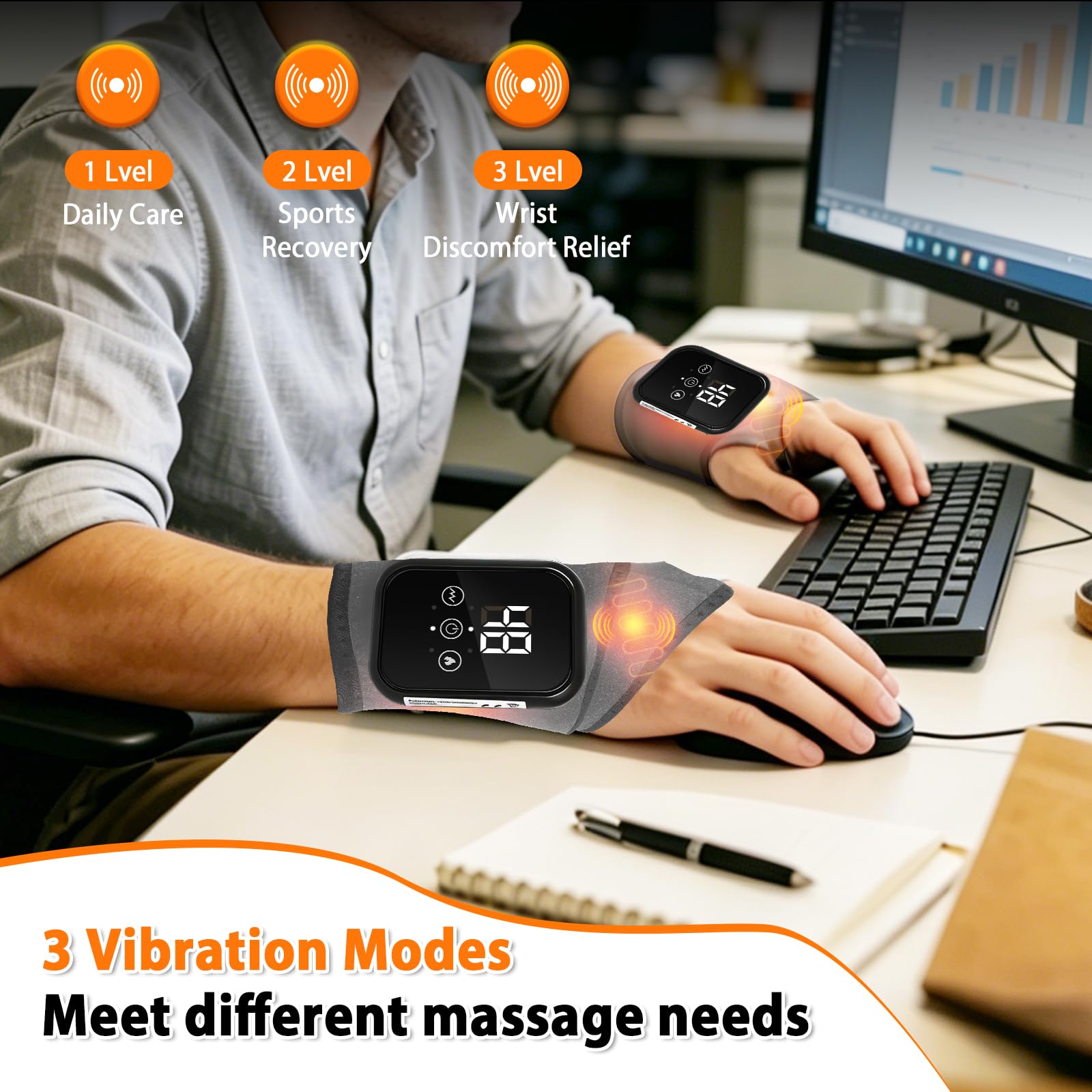 Handgelenk Massagegerät mit Rotlichttherapie, 3 Heizstufen & 3 Vibration | Wiederaufladbare, Kabelloses, Handmassagegerät, Linderung bei Karpaltunnelsyndrom, Arthritis, Grau, 2 Stück