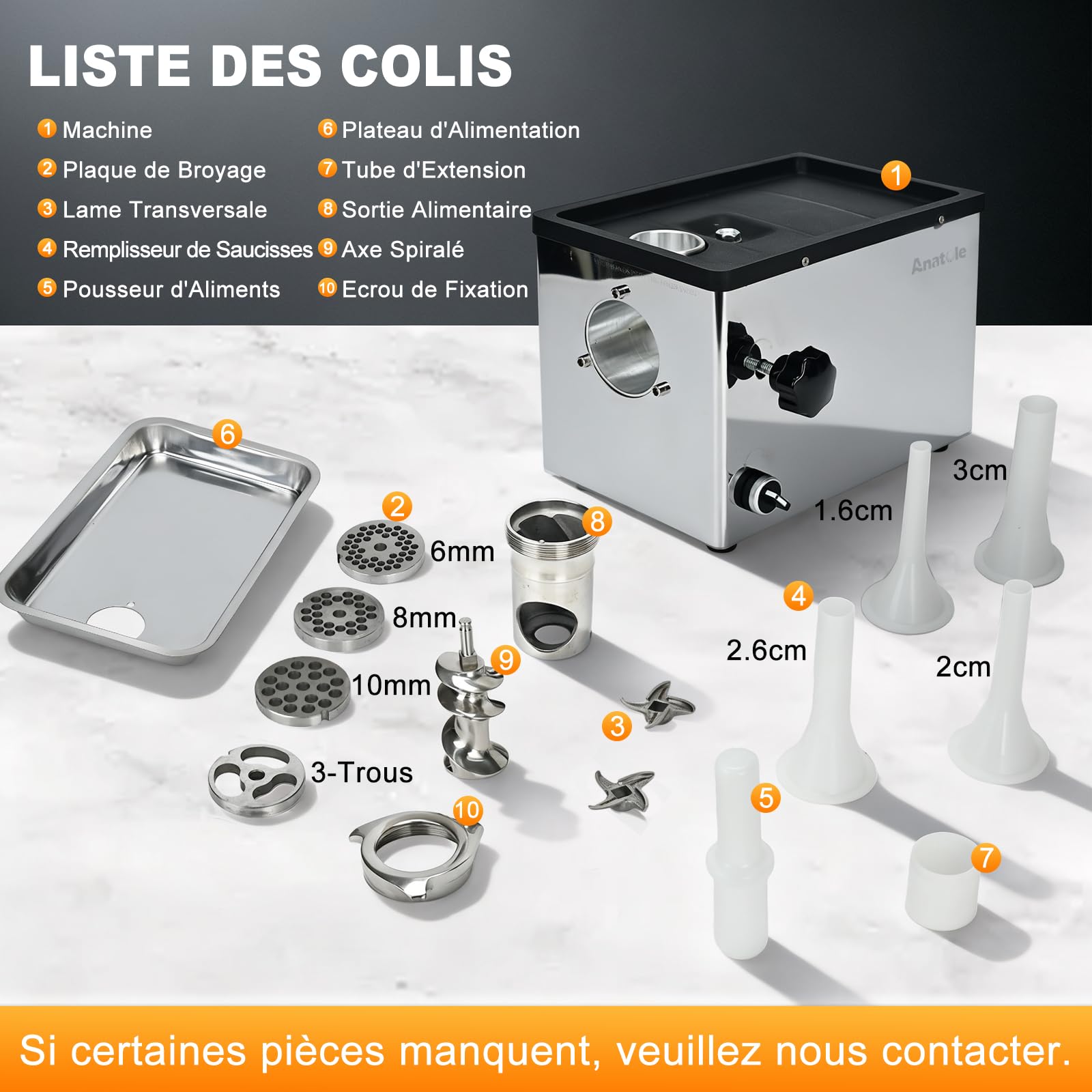 Anatole Hachoir a Viande Électrique Professionnel 950W Acier Inoxydable Farce à Saucisses Multifonctions avec 6/8/10mm/3-Trous Plaque 2 Lames de Broyage 1 Remplisseur de Saucisses 220V