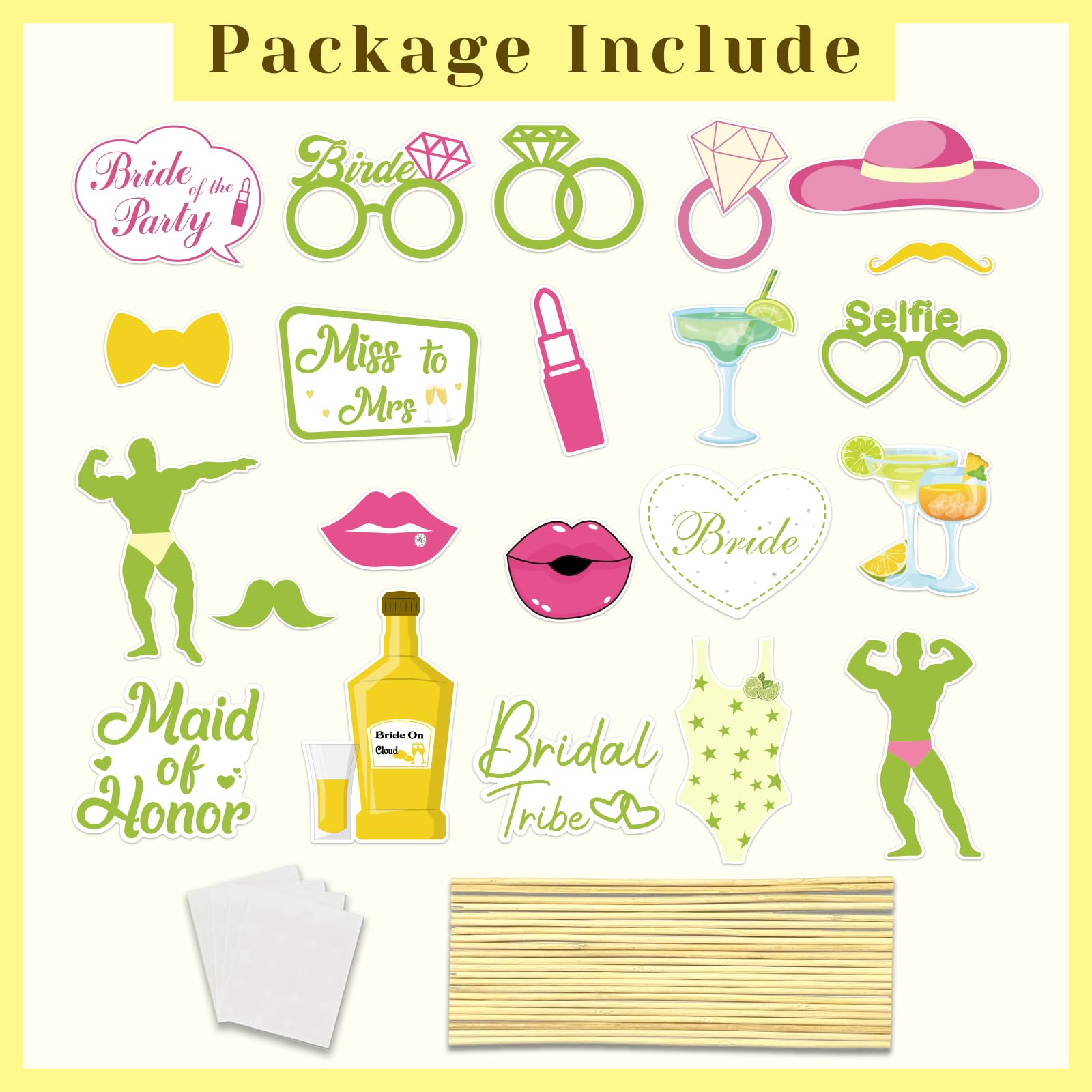 Accesorios para cabina de fotos de despedida de soltera, 22 piezas con temática de margarita, decoraciones de despedida de soltera para decoración de futura señora, novia de equipo, boda (verde lima)