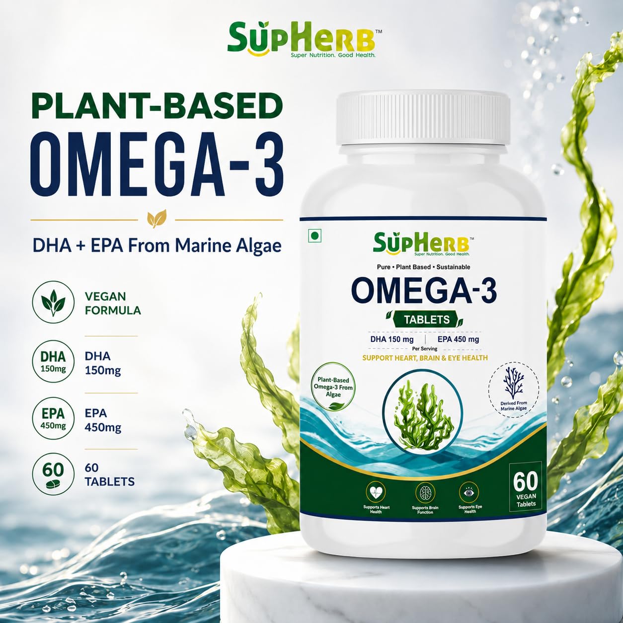 SupHerb Omega-3 Vegan Tablets – Plant Based Omega 3 from Marine Algae, DHA 150mg & EPA 450mg, Supports Heart, Brain & Eye Health, Sustainable Fish Oil Alternative, Soy Free & Gluten Free, 60 Vegan Tablets — Amazon image 3