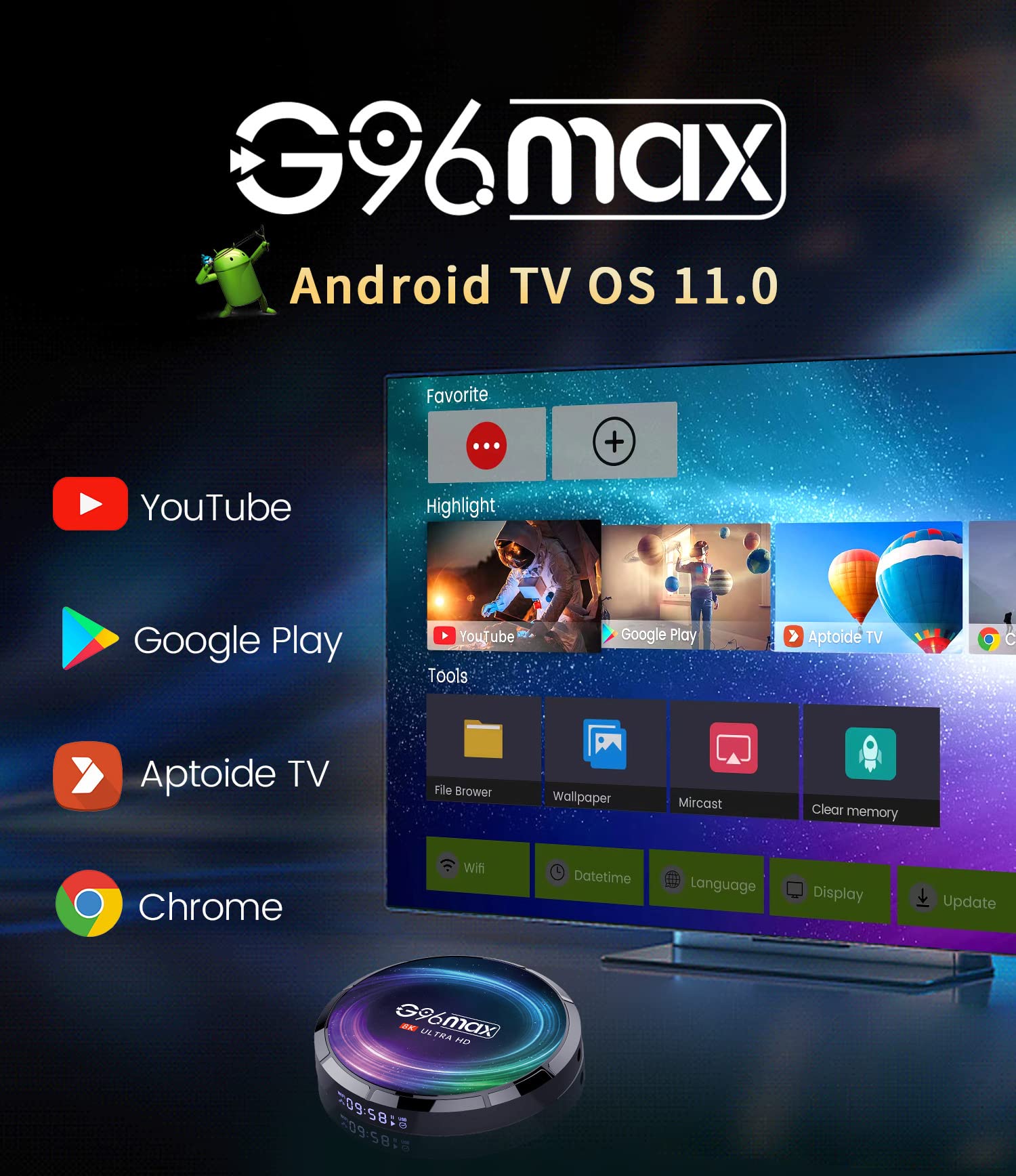 CHROX Boîtier TV Android 11.0, 4 Go + 128 Go avec Amlogic S905X4 64 Bits Quad Core Arm Corte-A55 Prend en Charge Les Boîtiers Smart TV 2,4G 5G Double Wifi/8K/4K/3D/USB 3.0/H.265,2gb+16gb