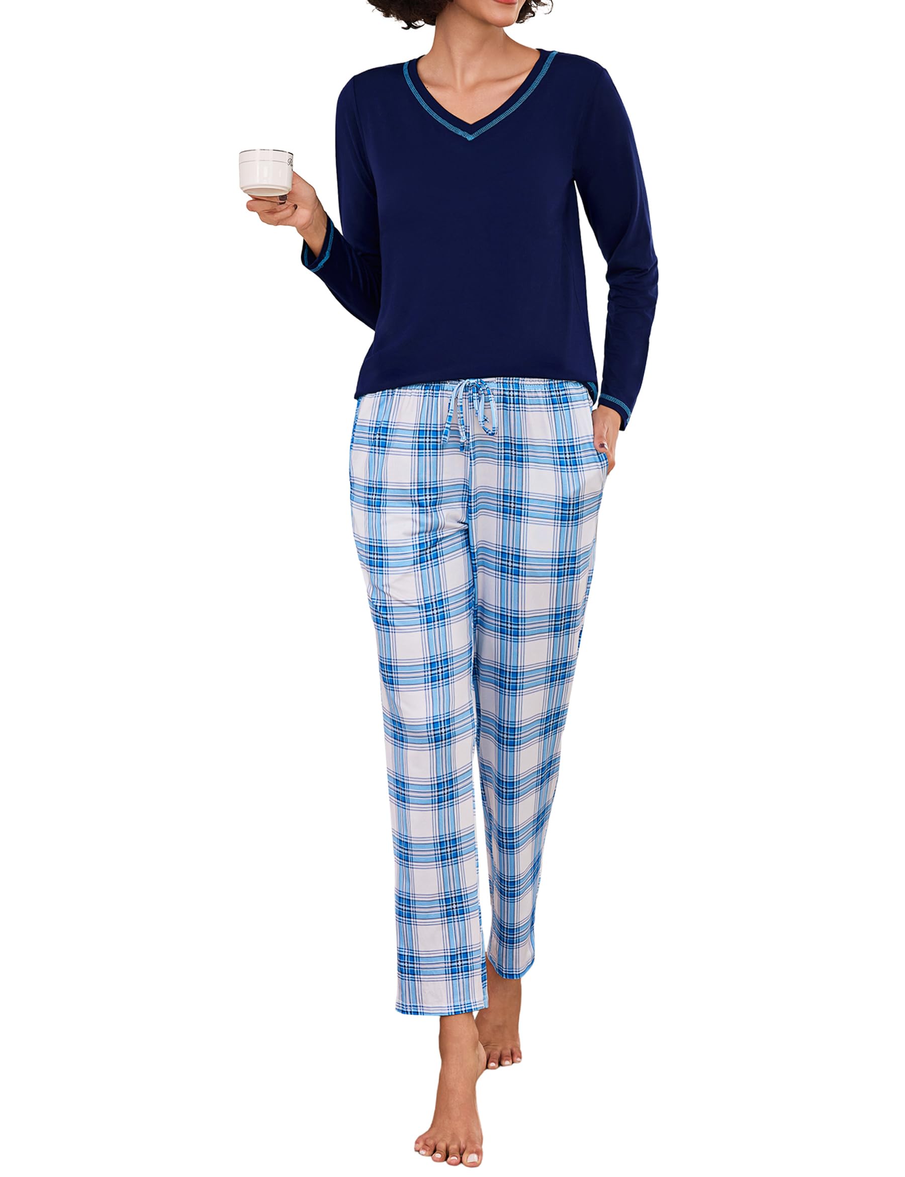 Bresdk Schlafanzug Damen Lang Pyjama Baumwolle Winter Pijamas Damen Schlafanzüge Karierte mit V-Ausschnitt Hausanzug Pyjama Set