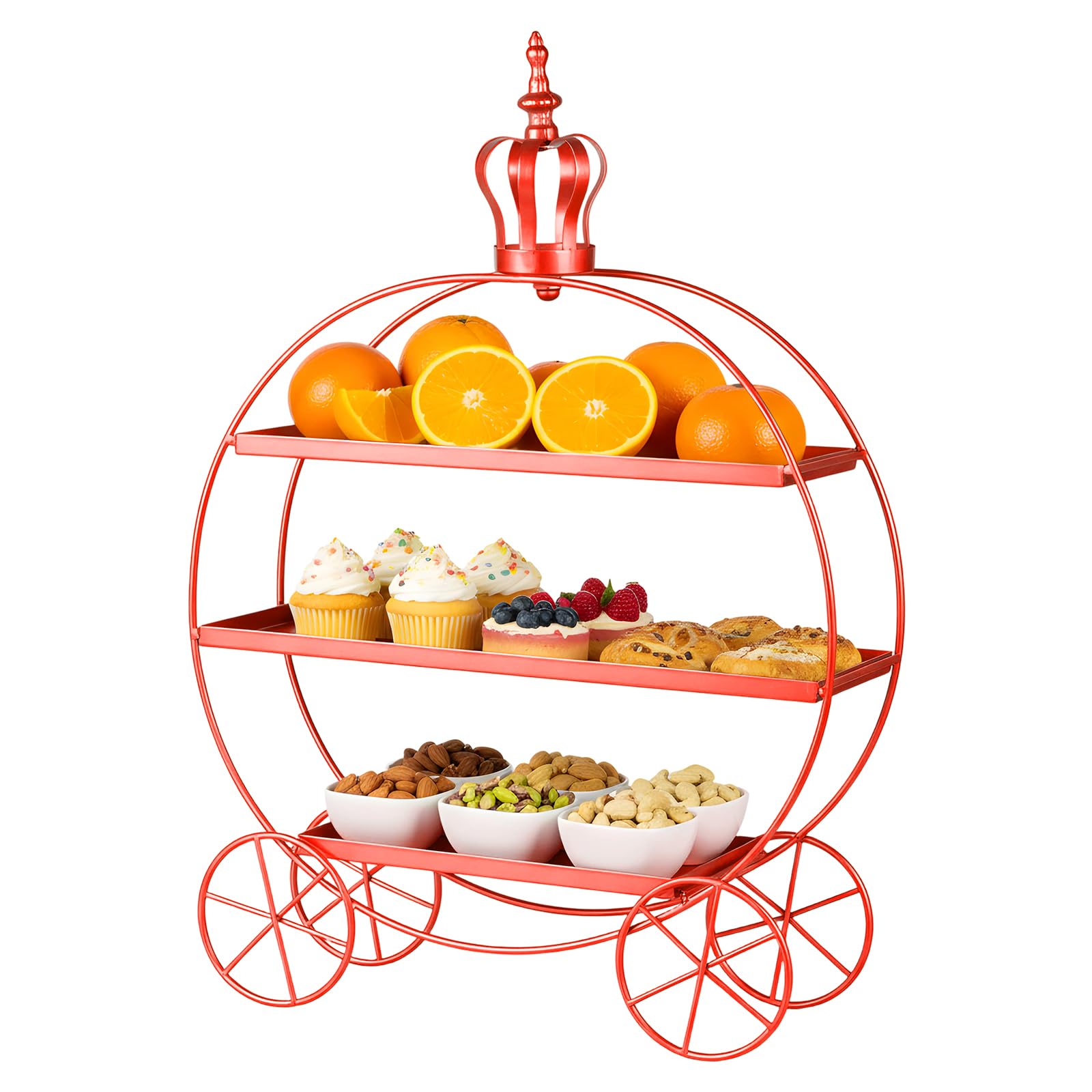 SUNNYNEST 3‑Tier Iron Dessert Display Cart with Wheels Round Metal Cake Stand for Cakes, Pastries Buffets Portable Tiered Serving Tray for Parties Christmas Wedding or Home (Red)
