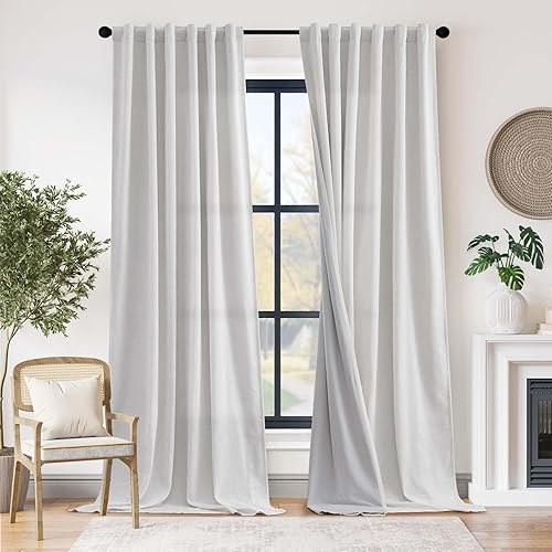 jinchan Linen 70% Blackout Curtains for Living Room Farmhouse Floor to Ceiling 108 Inch Extra Long Grayish White Room Darkening Curtains Back Tab Rod Pocket Drapes with Gray Lining 2 Panels
