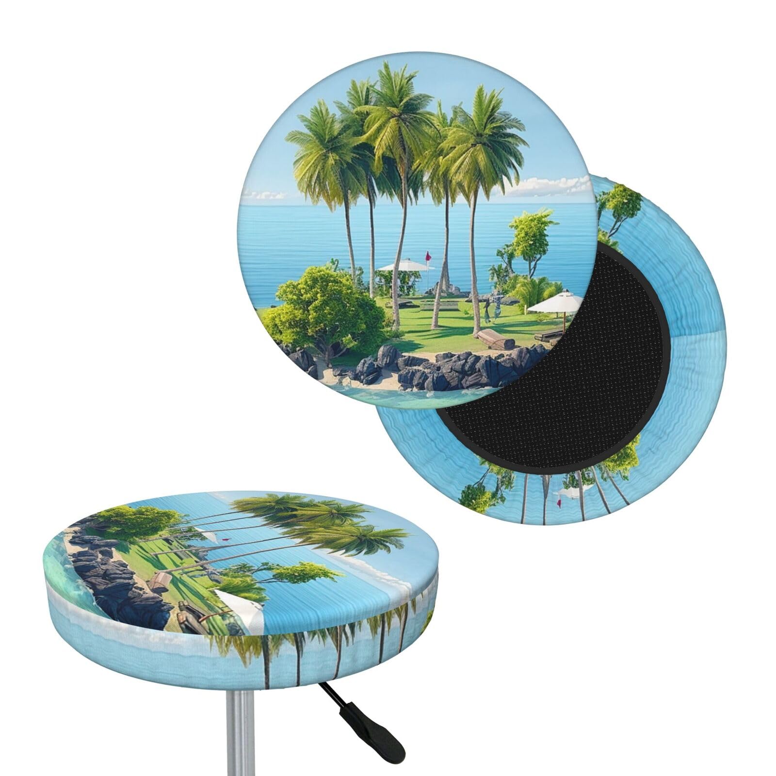 NONHAI Ocean Island Bar Stool Cover Round Elastic Stool Cushion Covers Dustproof Bar Chair Cover Washable Stool Cushion Slipcover Stretch Stool Seat Covers for 12-14 Inch Chair