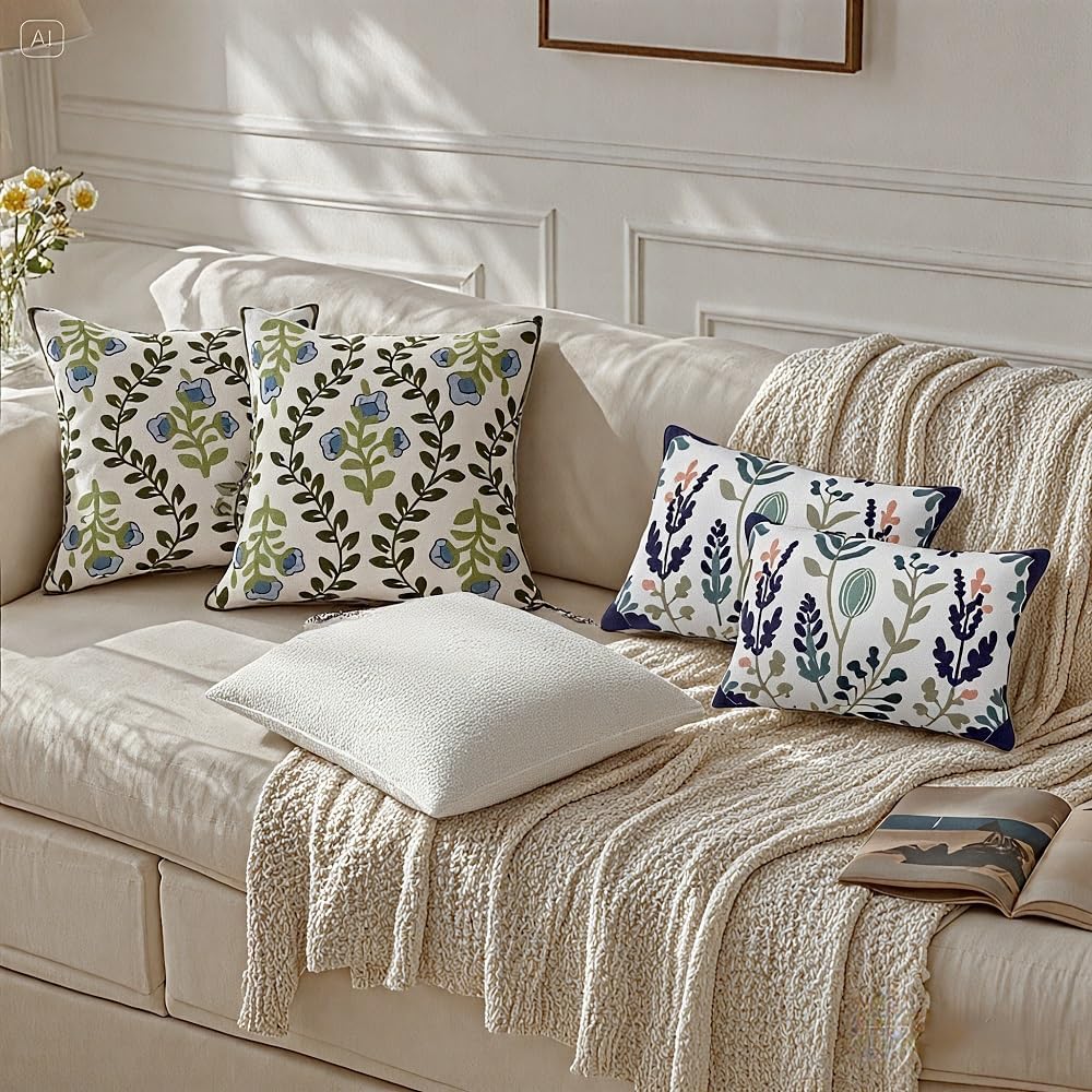 Green and Blue Throw Pillow Covers,12x20 Floral Embroidered Farmhouse Decor Lumbar Pillows, Set of 2 Cozy Boho Accent Cushion Case for Couch & Sofa, Home Decorative Pillow Cases for Bed Room