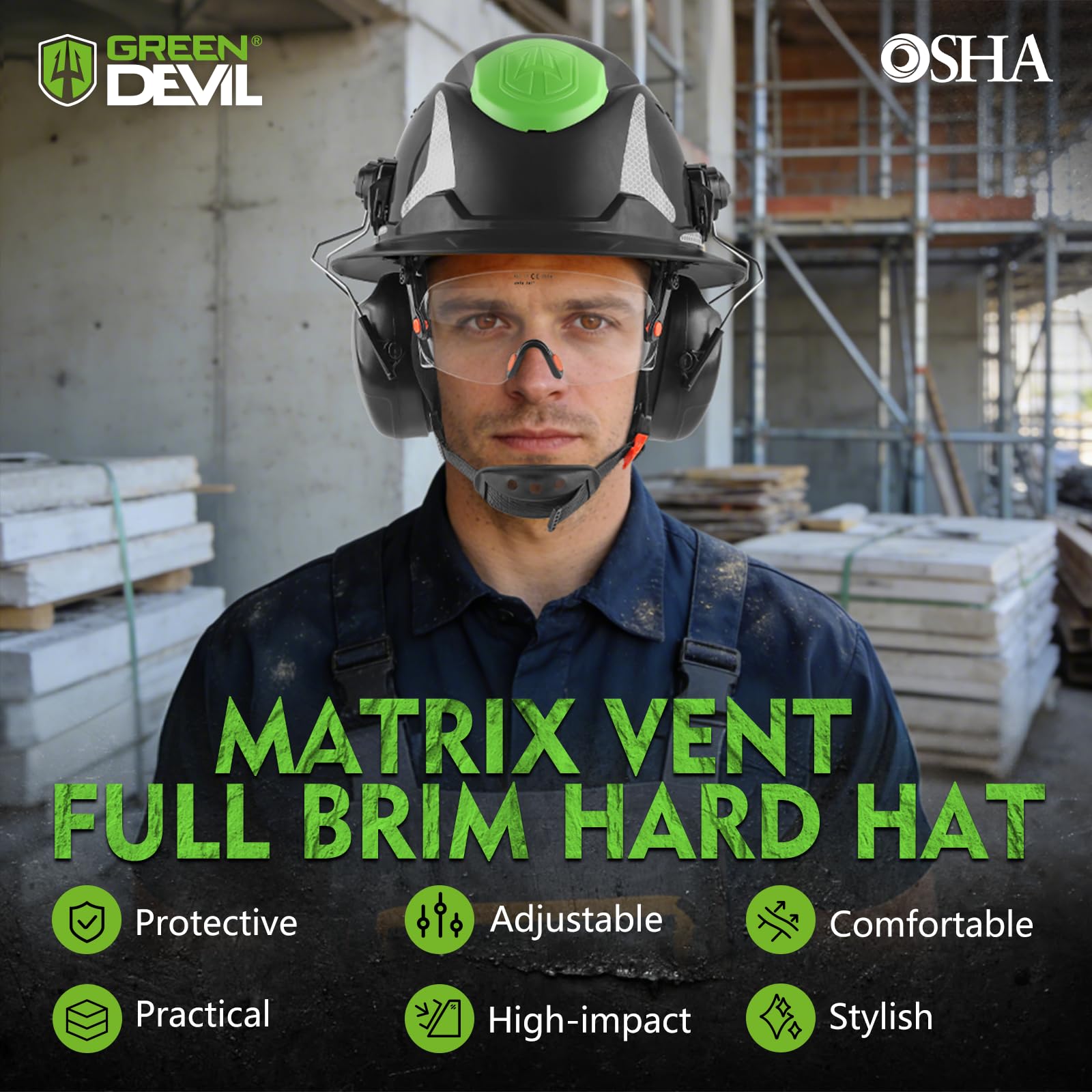 GREEN DEVIL Matrix Full Brim Hard Hat with Ear Muffs Vented