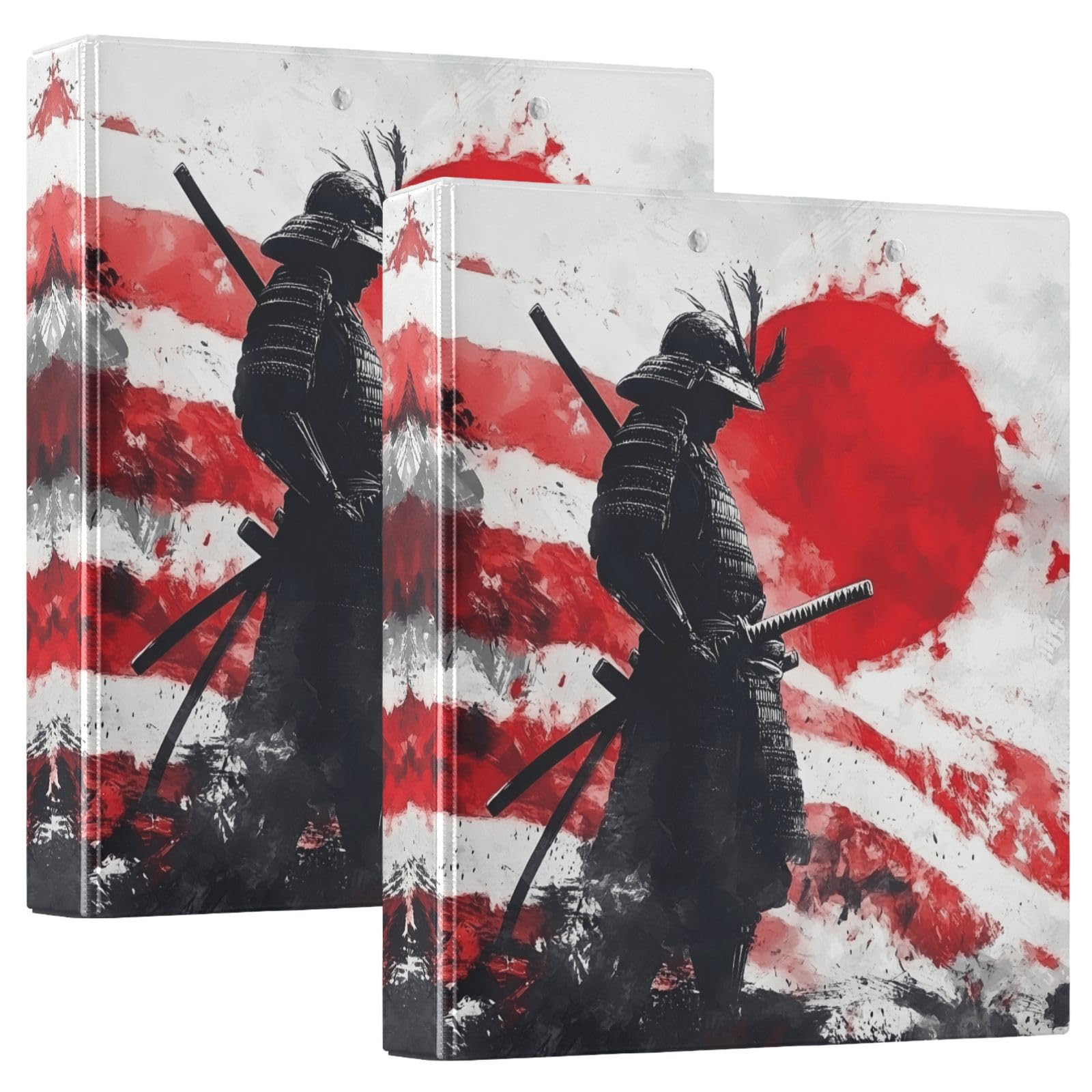 Confezione da 2 raccoglitori a 3 anelli, motivo samurai giapponese, 3,8 cm, con 3 tasche trasparenti, portablocco e contiene 200 fogli, per ufficio, scuola, organizzazione domestica