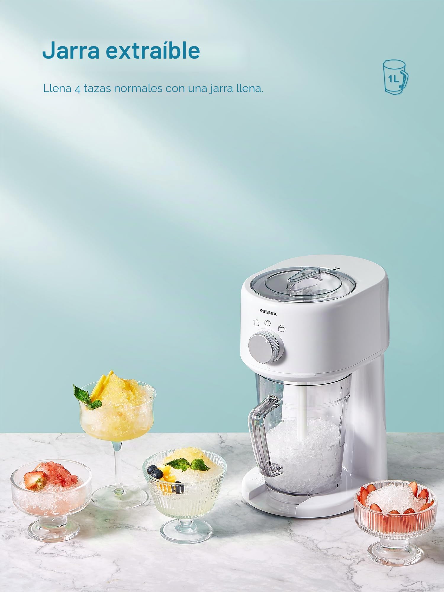 Reemix Máquina de hielo afeitado, máquina de afeitar eléctrica de hielo y máquina de conos de nieve con almacenamiento de gran capacidad, trituradora de hielo portátil de grosor que se puede ajustar,