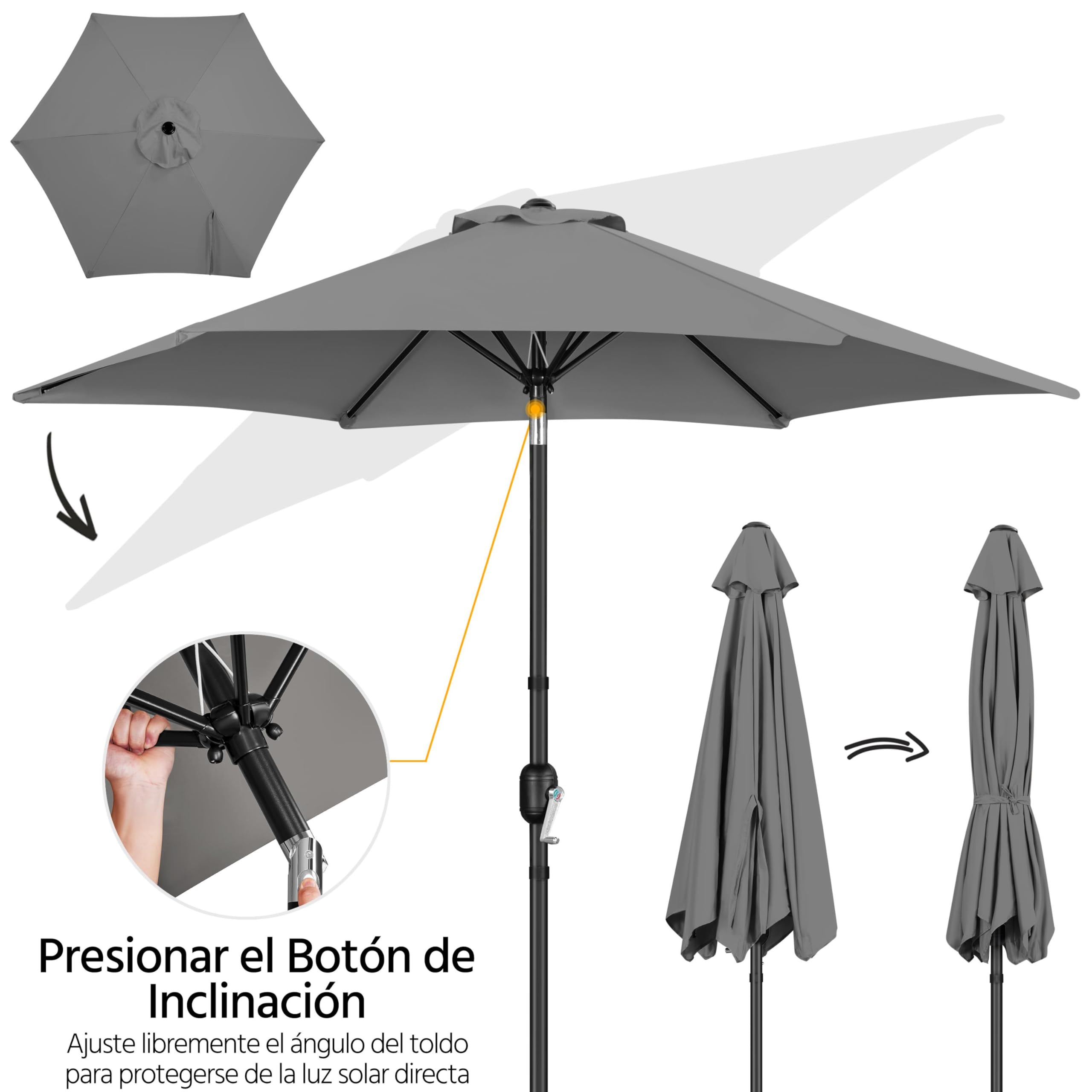 Yaheetech Sombrilla de Jardín con Manivela Inclinable Ø270x241cm Protección UV Columna de Hierro 6 Varillas de Metal para Terraza Exterior Balcón sin Soporte Gris