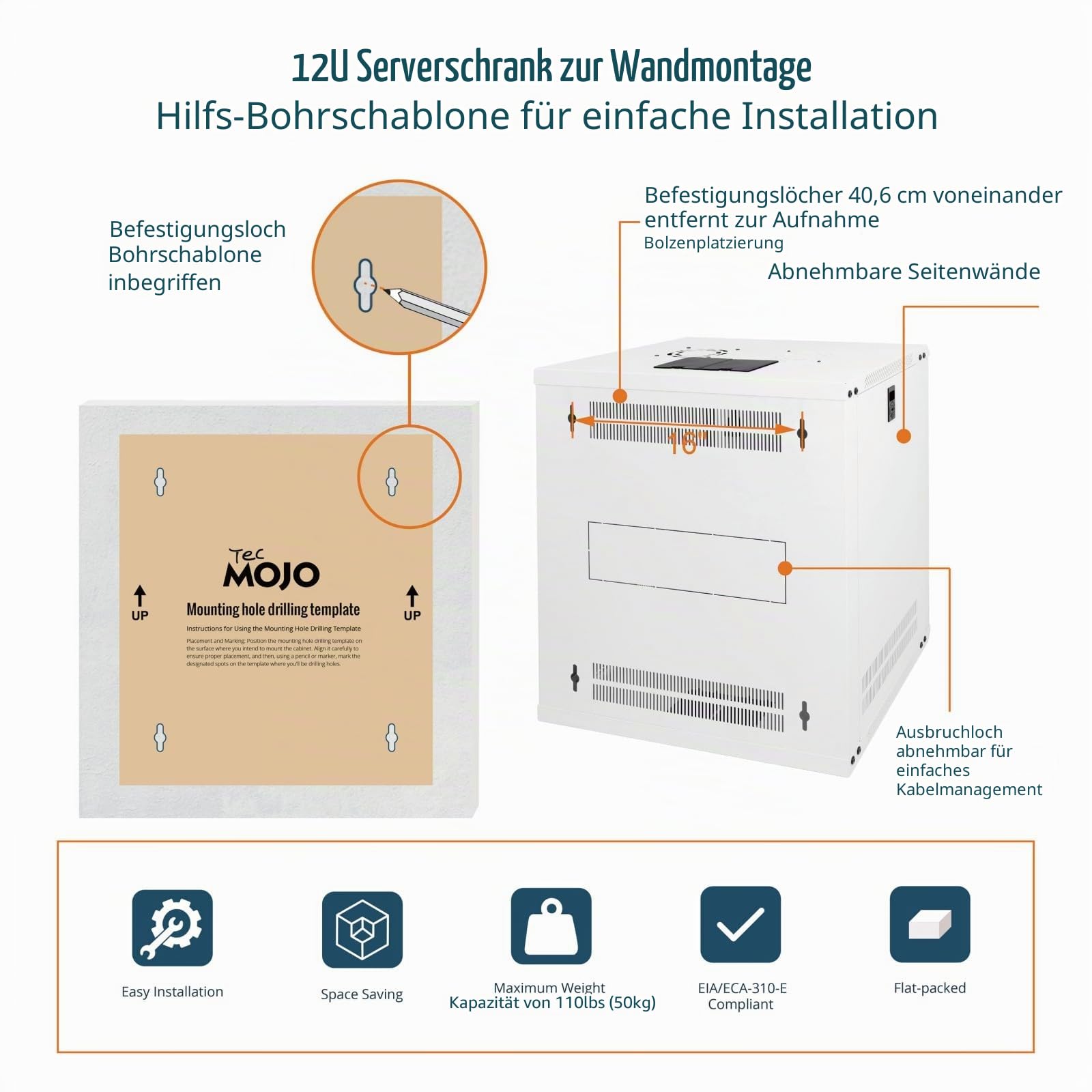 Tecmojo 12U 450 mm Tiefe Wandhalterung Serverschrank IT Netzwerk Rack Gehäuse abschließbare Tür und Seitenwände weiß, Standard-Glastür, für 19 Zoll IT-Geräte, A/V-Geräte, Weiß, flach verpackt