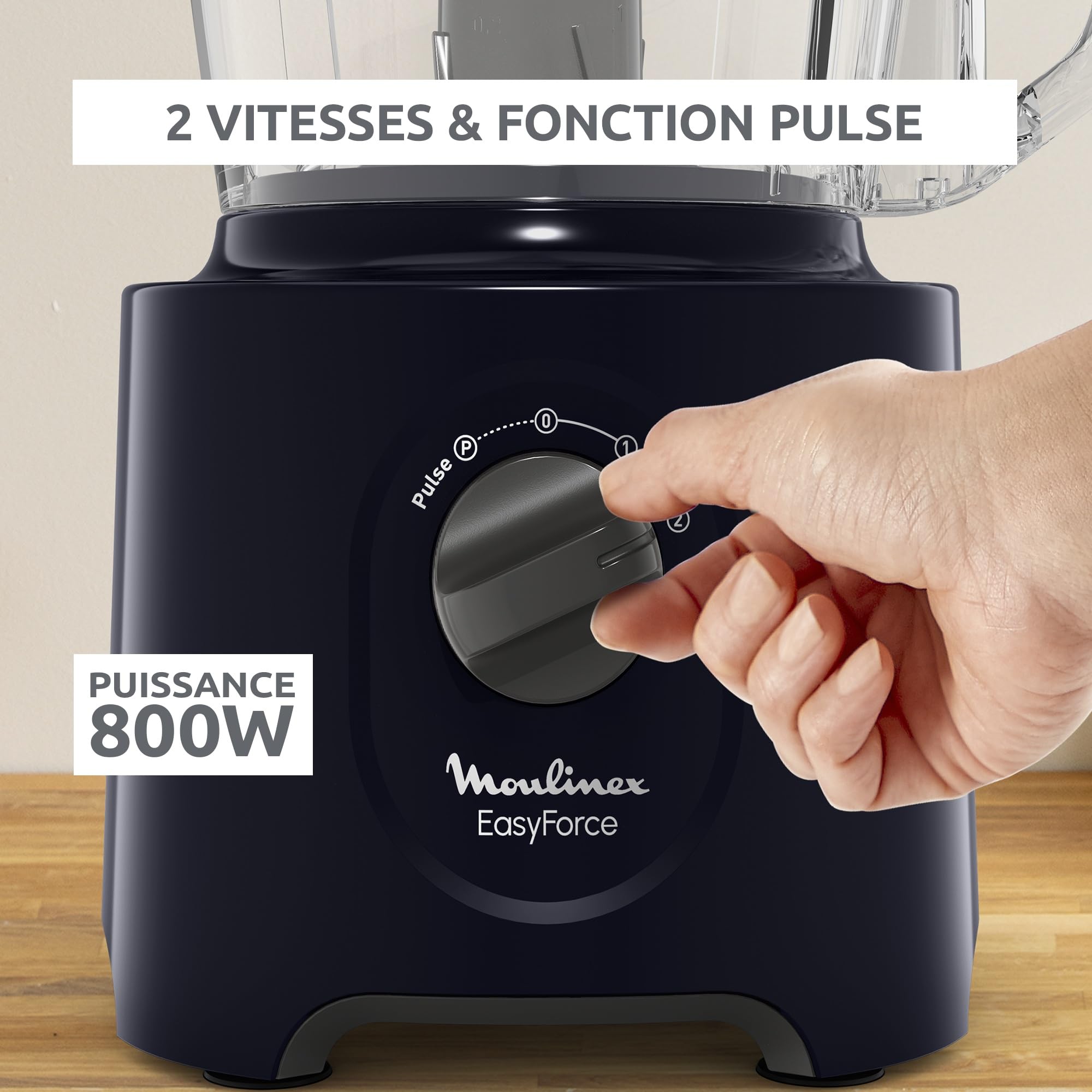 Moulinex Easy Force, Robot Cuisine Multifonction Compact 3L, 800W, 2 Vitesses + Pulse, 25 fonctions, 6 accessoires, Blender, Râpes, Bleu, FP247810