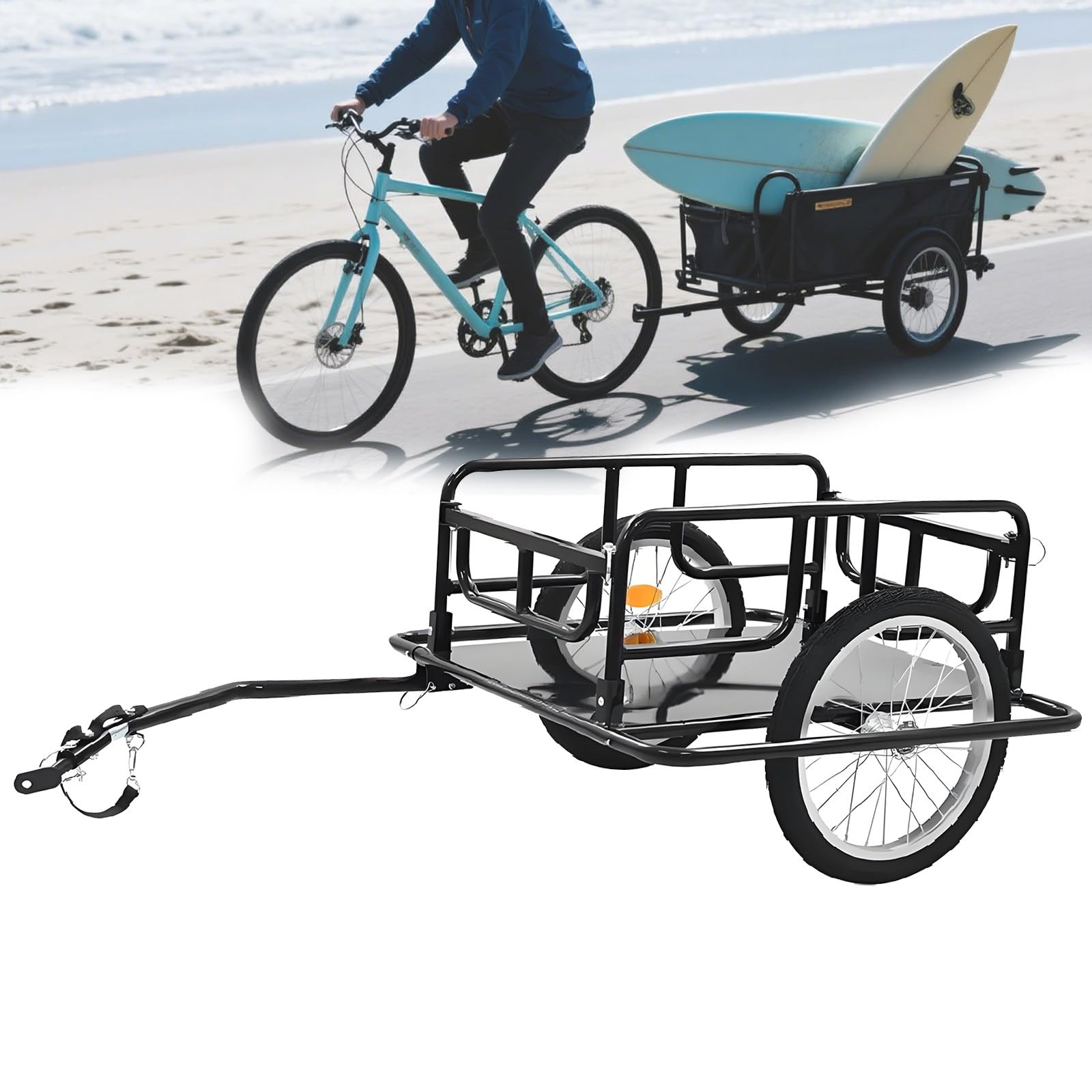 Składana dwukołowa przyczepa rowerowa z czarnej stali z zawieszeniem, maks. ładowność 60 kg, do przechowywania bagażu na zewnątrz