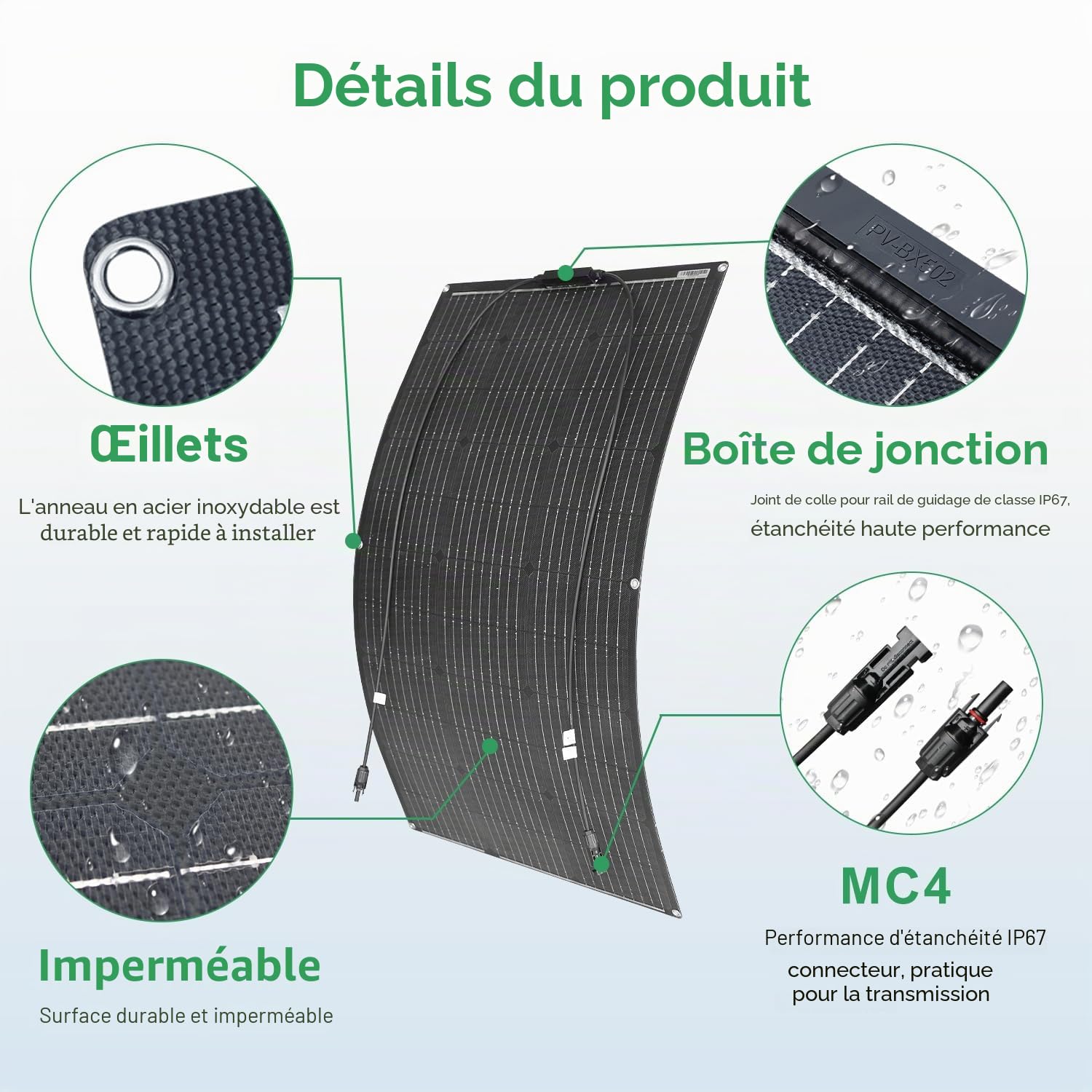 Panneau solaire flexible monocristallin de 100 W - Léger - Facile à installer - Convient pour les navires, les yachts, les camping-cars, les forêts et les routes. (1)