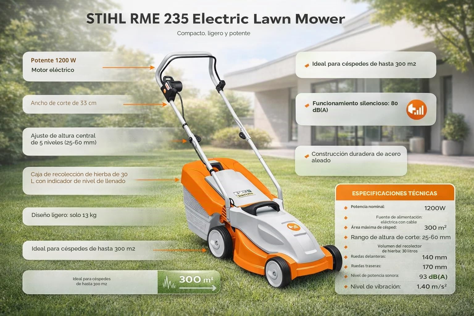 Stihl RME 235 - Cortacésped eléctrico ligero de 1,2 kW, 13 kg, con 33 cm de ancho de corte con 30 litros de recogida de césped, con indicador de nivel
