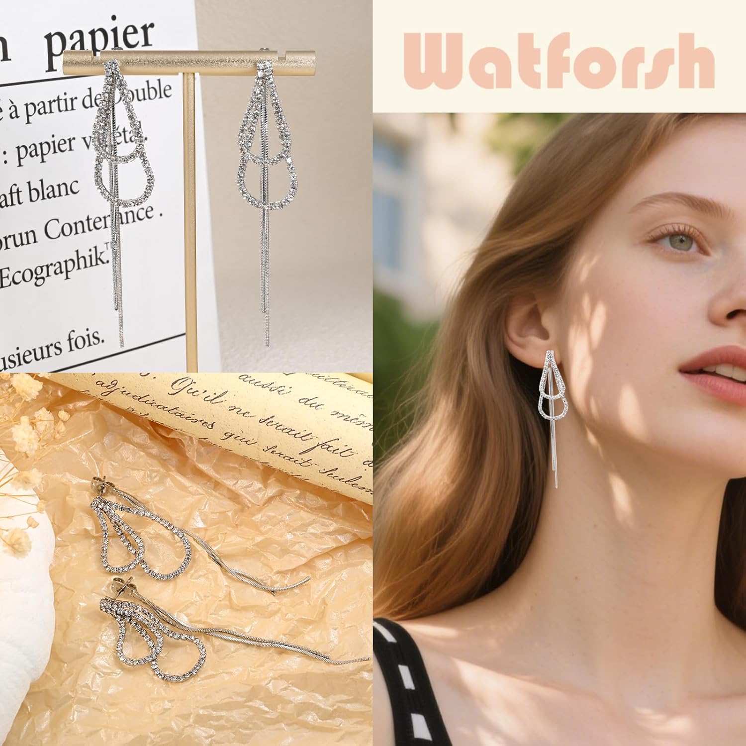 Large Silver Teardrop Dangle Earrings for Women Tassel with Cubic Zirconia Long Chain Dangling Front Back Earrings for Party - Image 3