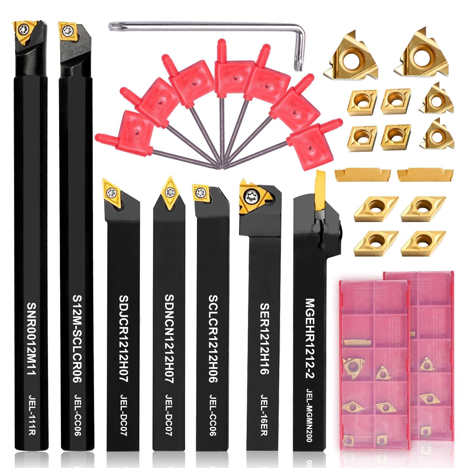Carbide Lathe Turning Tool Set, 12mm Shank 7Pcs Metal Lathe Tools for Grooving, Threading, and Woodturning - Includes 2 Box Carbide Inserts (12mm)