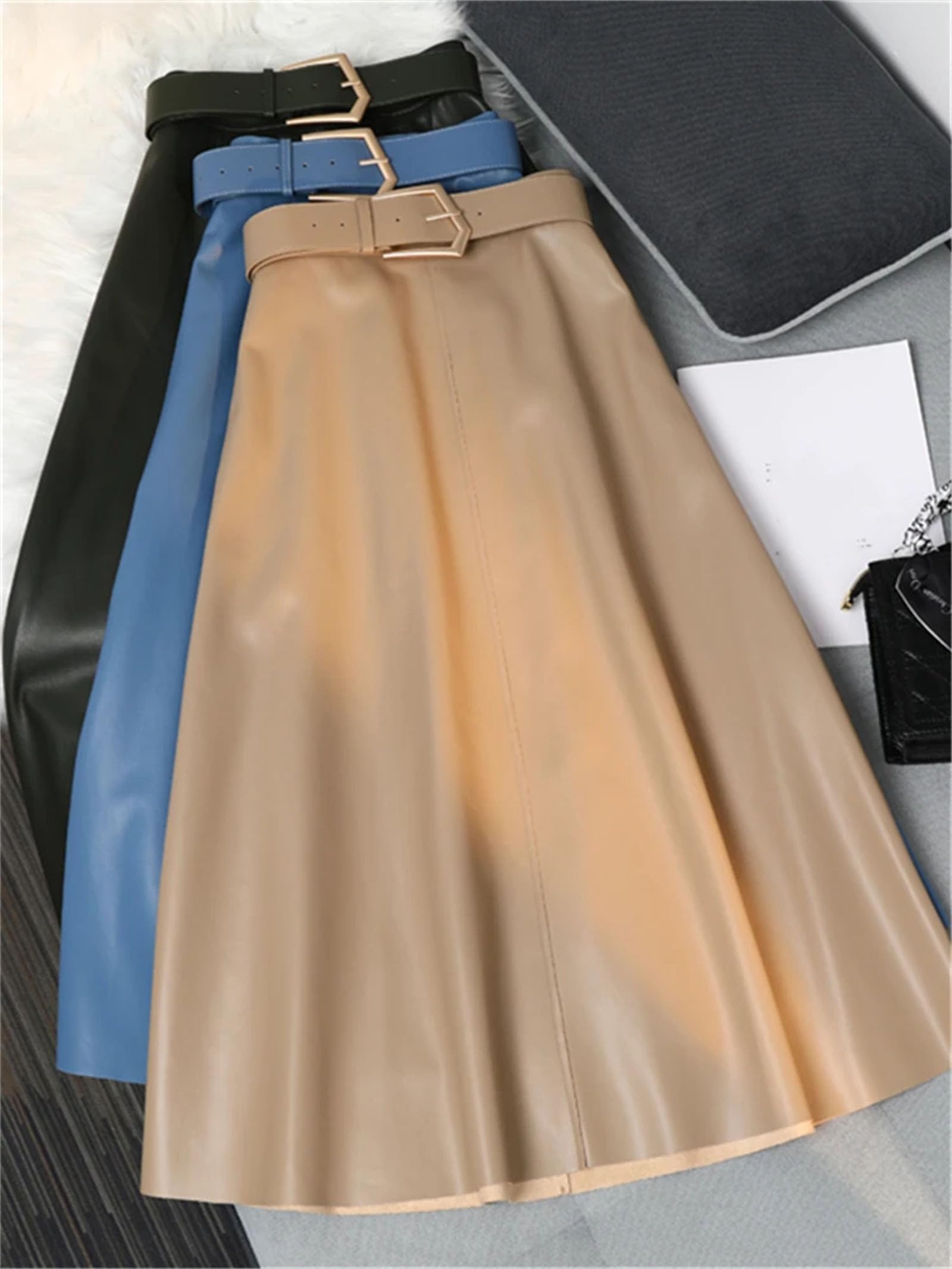 Donne Inverno Classico Faux PU Pelle Gonne Lunghe con Cintura Vita Alta Midi Gonne Femminili