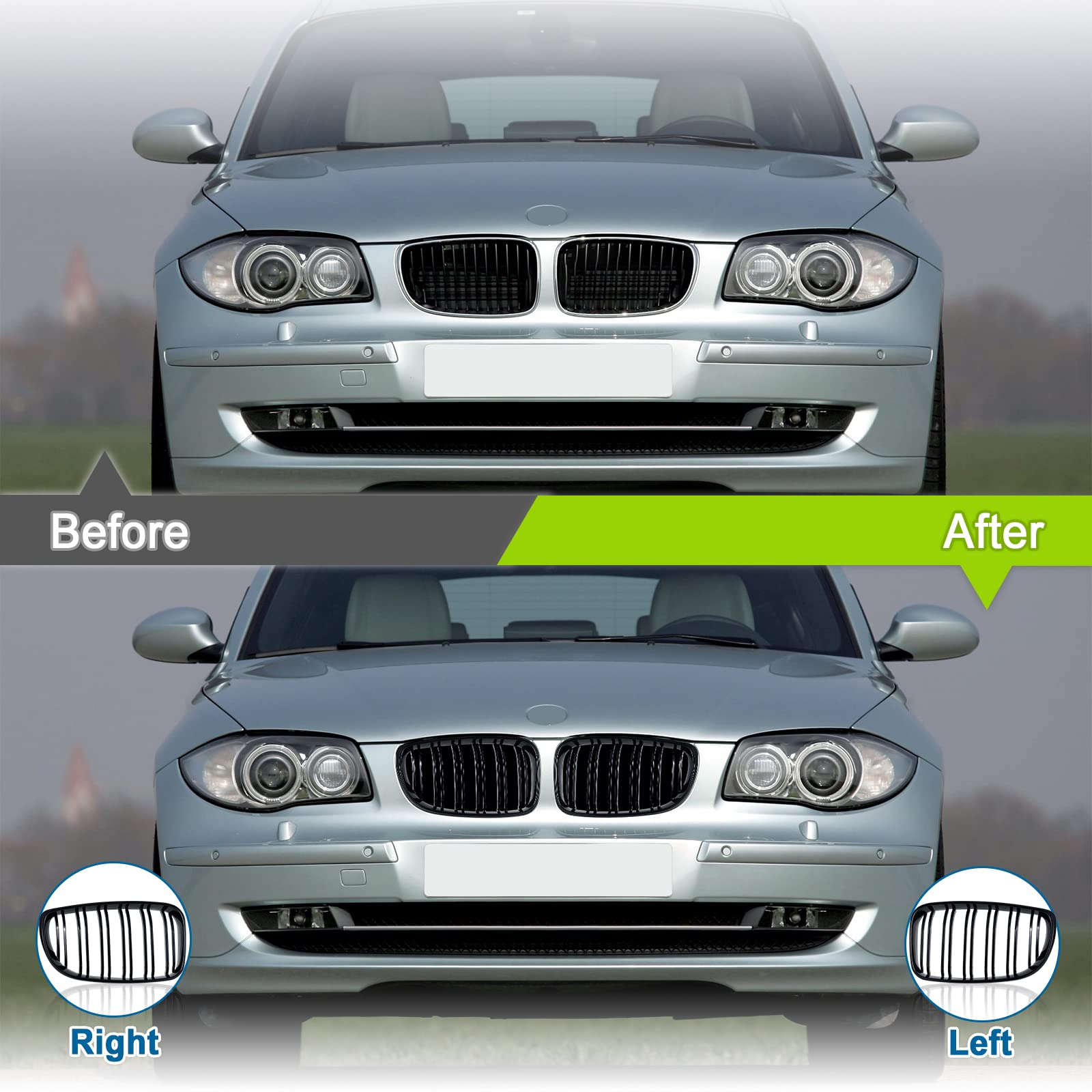 BMW serii 1 E81 E82 E87 E88 grill chłodnicy, nerki, grill 2008-2011, czarny, błyszczący, podwójny mostek, akcesoria sportowe