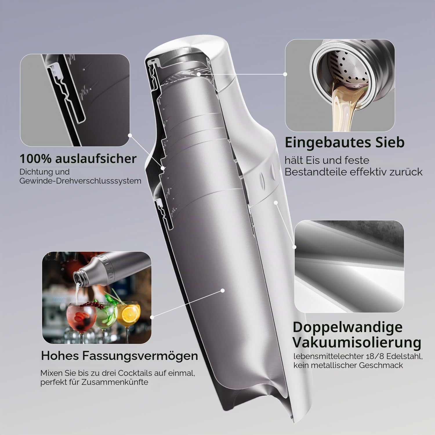 Magcheer Cocktail Shaker Set 900ml Edelstahl Doppelwand-Barkeeper Set mit Aufbewahrungsbox