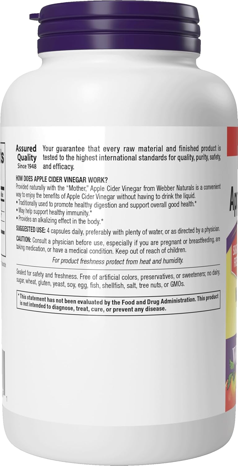 Webber Naturals Apple Cider Vinegar 2000 mg with The Mother, High Potency, 300 Capsules, 2000 mg per Serving, Natural Digestion Support, Non-GMO, Gluten, Dairy & Sugar Free - Image 7