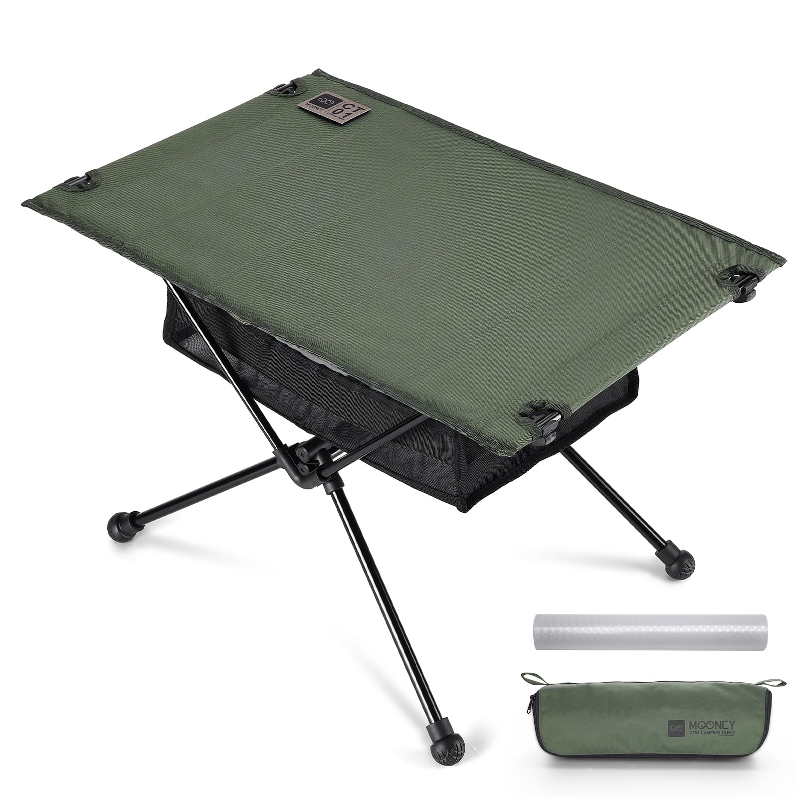 MOONCY Portable Camping Table, Lightweight Outdoor Folding Table with Oil-proof Mat and Mesh Storage Bag, Aluminum Alloy Bivvy Table for Hiking, Fishing, Barbecue, Beach & Picnic, Green