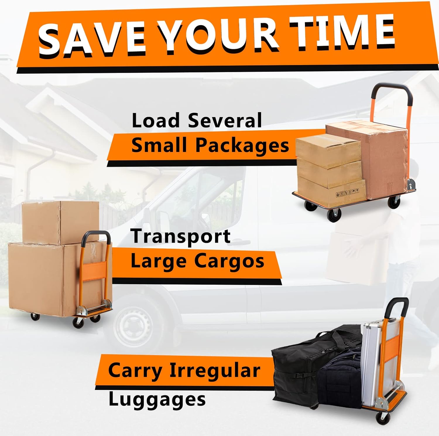 Haddockway Folding Push Cart Dolly Moving Platform Hand Truck with 360 Degree Swivel Wheels Portable Flatbed Cart with 660LBS Capacity for Garage Garden Home & Office Use Orange : Industrial & Scientific