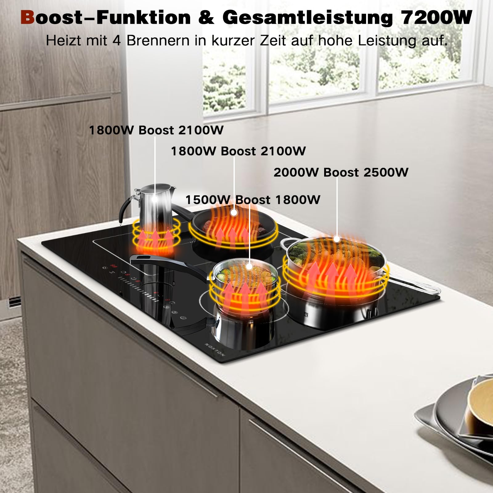 NOXTON Induktionskochfeld 60 cm, Autarkes Induktionsfeld 4 Platten, 7200W | Flexzonen, Kochfeld Induktion mit Schieberegler, Booster, Timer, Kindersicherung, 220V-240V, kein Stecker