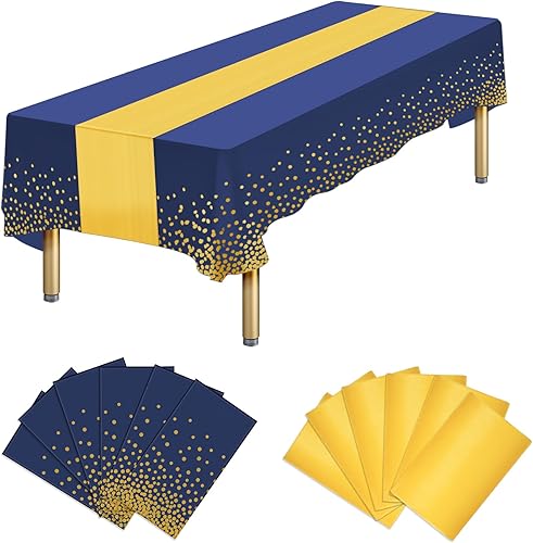 Paquete de 12 manteles rectangulares desechables de plástico azul y camino de mesa de satén, manteles azules y dorados, para baby shower,